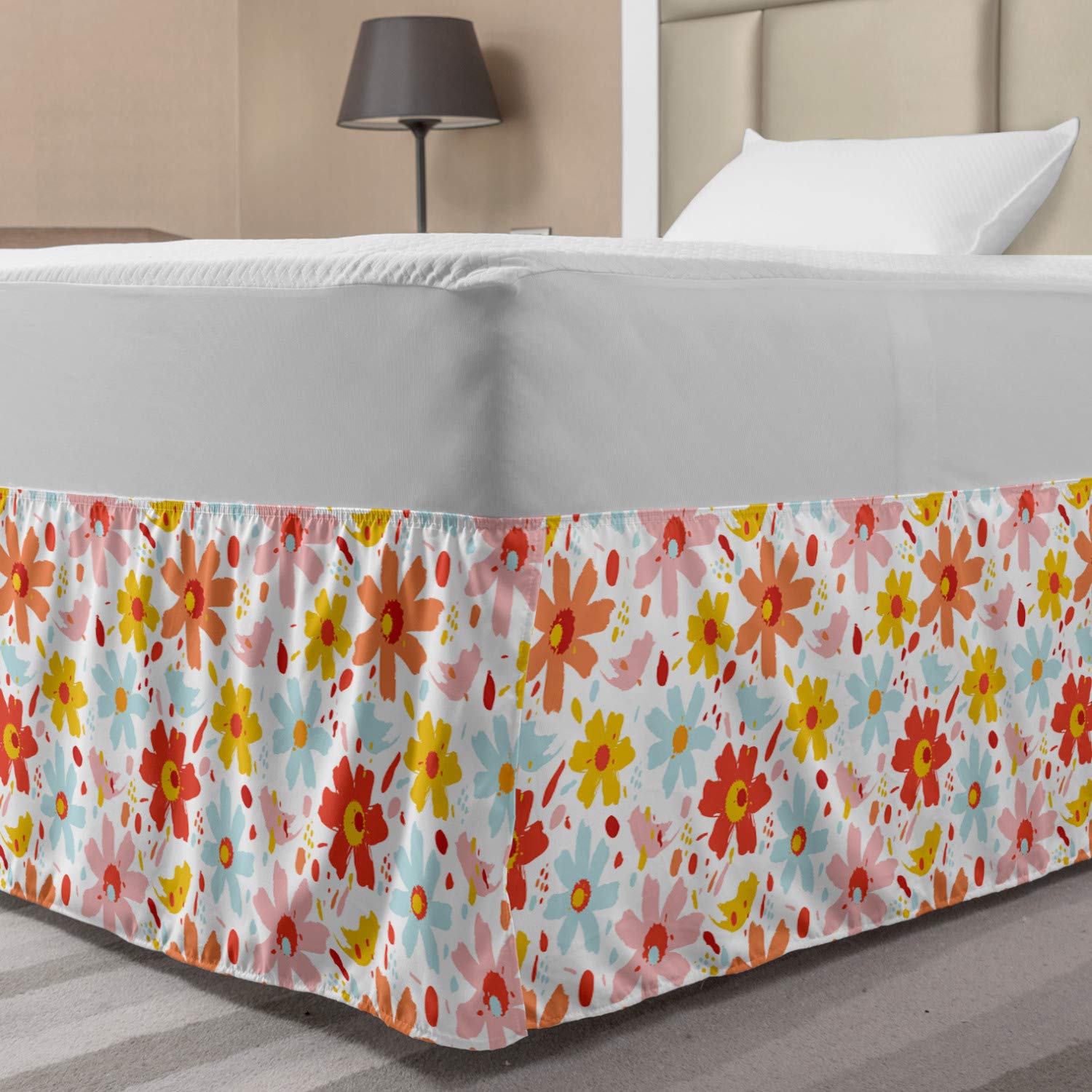 Ambesonne Watercolor Elastic Bed Skirt - Colorful Spring Flowers Design, Wrap Around Fabric Dust Ruffle for Twin/Twin XL Beds - Perfect for Bedroom Decor & Home Styling