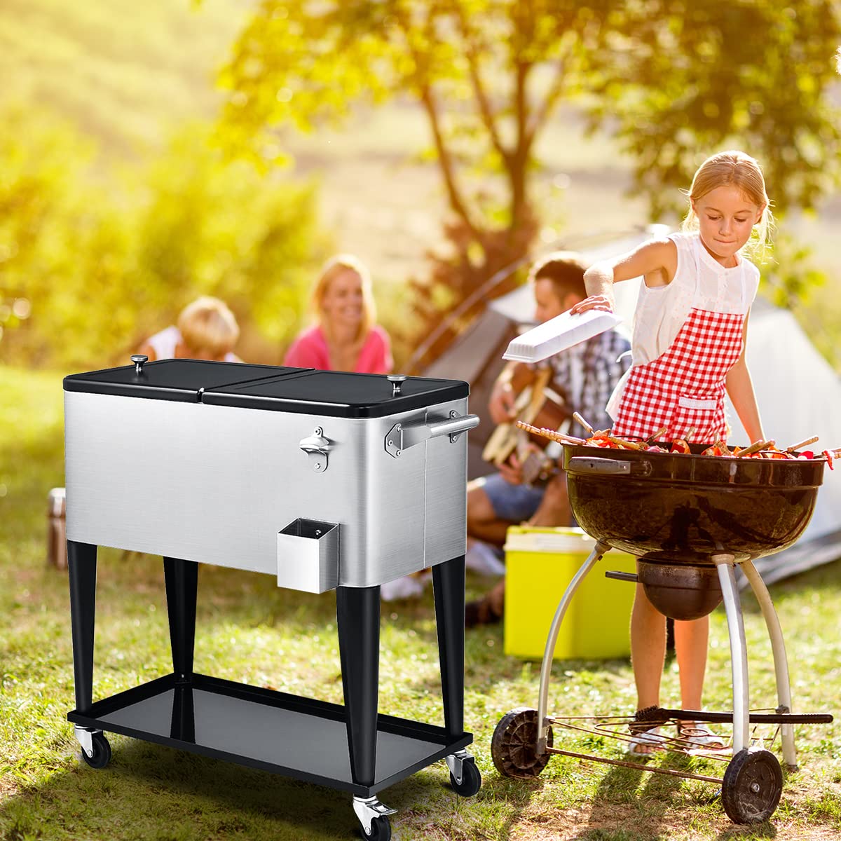 COSTWAY 80-Quart Rolling Ice Chest Cooler | Stainless Steel Beverage Cooler Cart with Wheels, Shelf, Bottle Opener & Drain Plug | 72-Hour Ice Retention | Perfect for Outdoor Parties, BBQ, Poolside, Camping & Tailgating