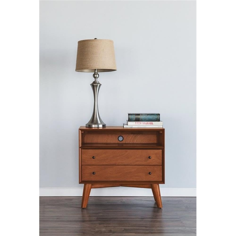 Alpine Furniture Flynn Nightstand in Acorn Finish - 28 x 15 x 26 Inches - Modern Bedside Table for Bedroom, Guest Room & Nursery - Compact Nightstand with Storage Shelf
