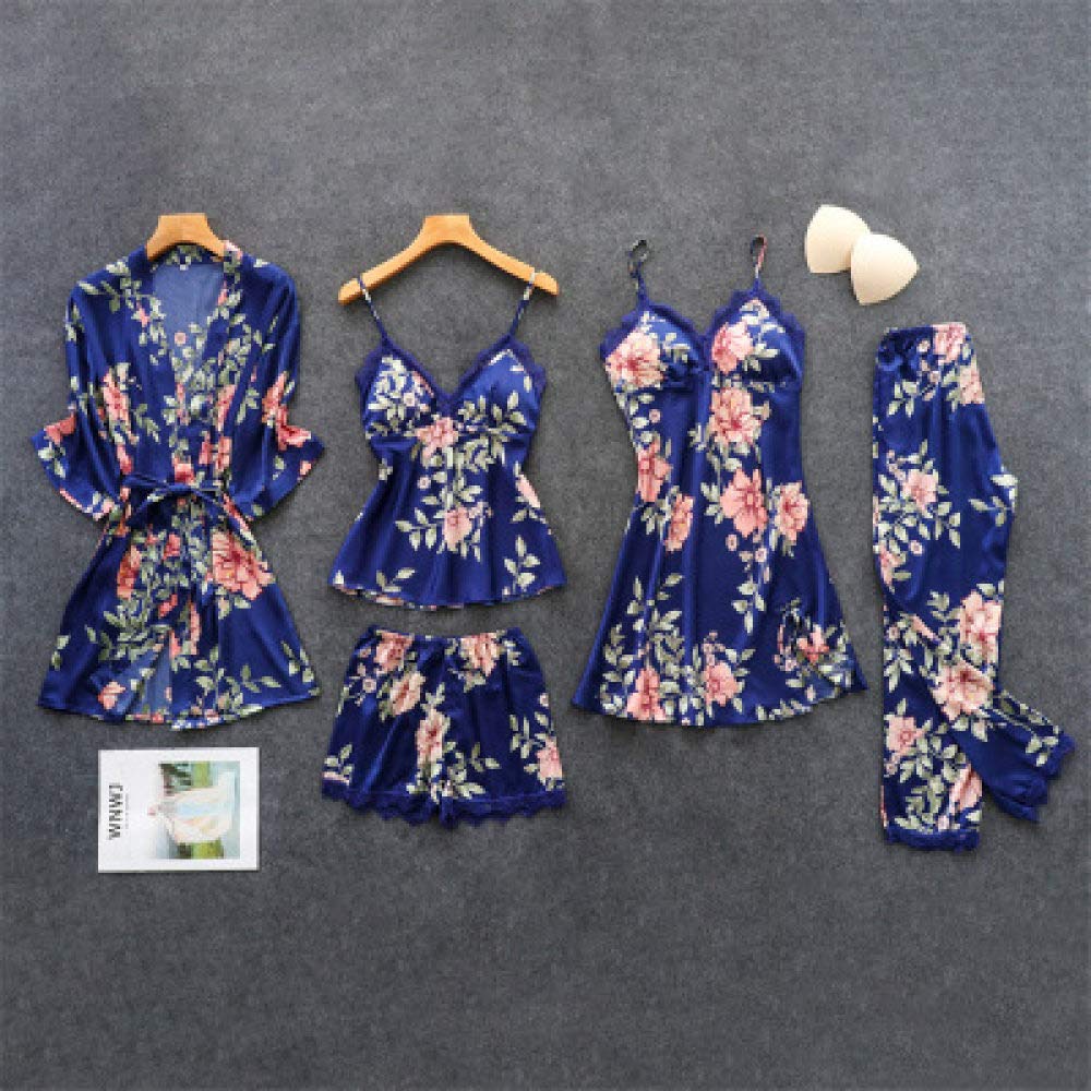 AAJIA Women's Silk Floral Print Satin Pajama Set - 5 Piece Lace Trim Sleepwear, Sexy Lingerie & Home Clothes (Navy Blue, XXL) - Perfect for Valentine's Day Gifts, Bridal Shower, Anniversary or Romantic Nights