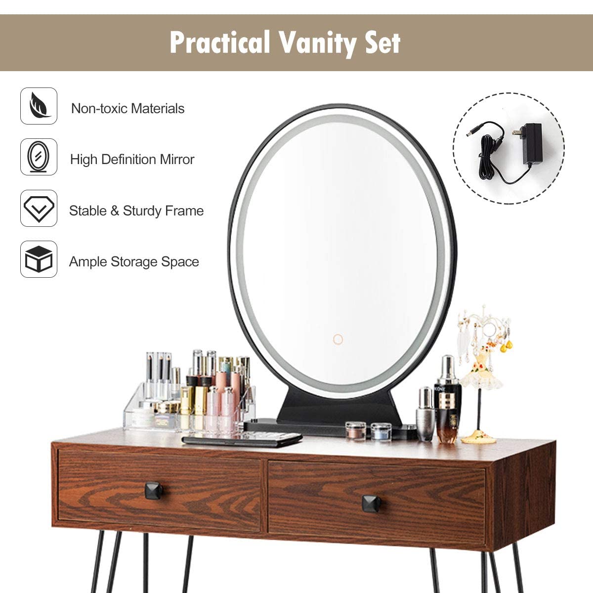 Charmaid Makeup Vanity Table with LED Mirror - 3 Lighting Modes & Adjustable Brightness, 2 Spacious Drawers & Acrylic Organizers, Girls Bedroom Dressing Table Set with Stool (Walnut) - Perfect for Makeup Application, Skincare Routine & Bedroom Decor