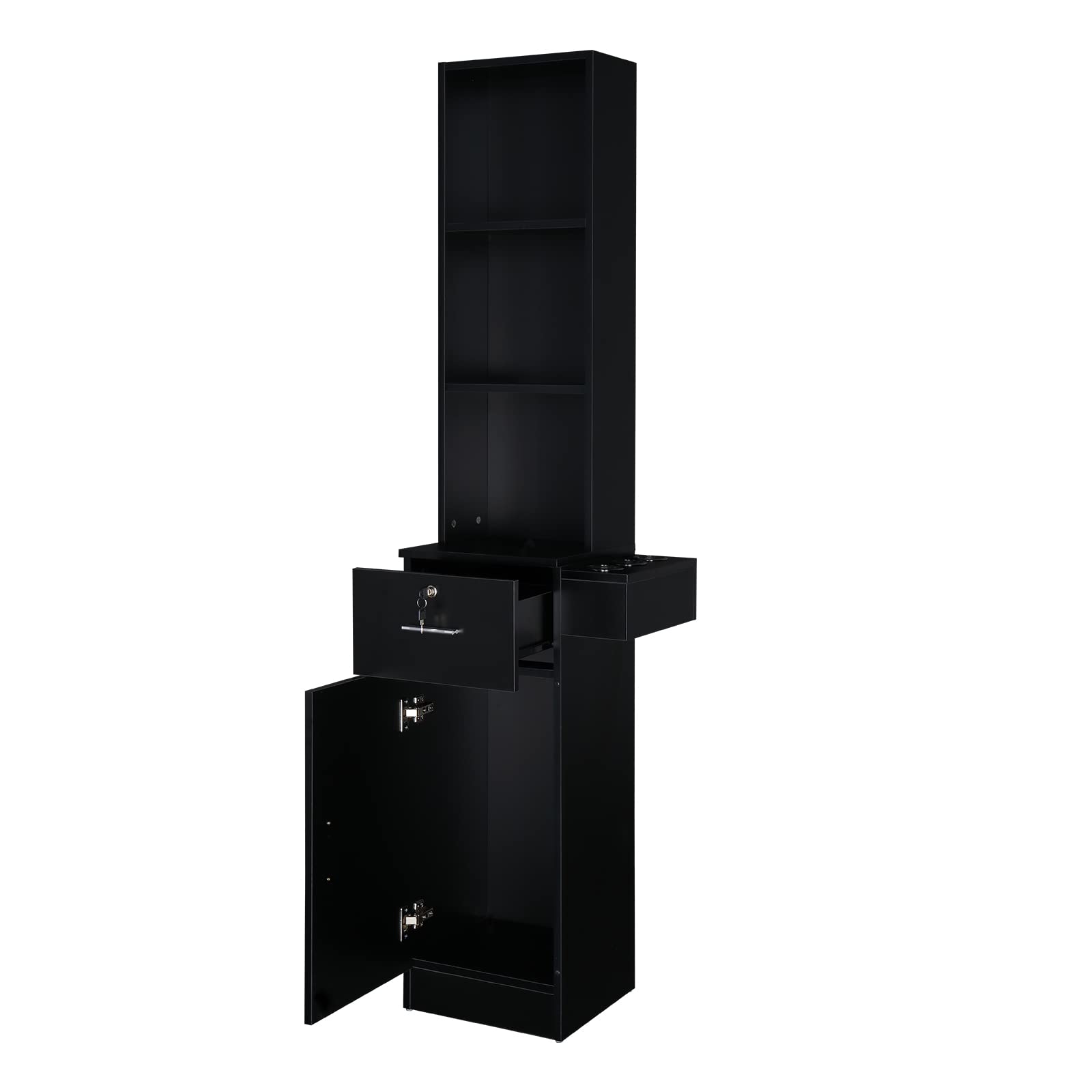 OmySalon Professional Hair Styling Station - 3-Tier Storage Shelf, Large Cabinet & Hair Dryer Holders - Black | Barber Salon Equipment for Stylists & Hairdressers | Perfect for Salon, Home & Mobile Hair Services