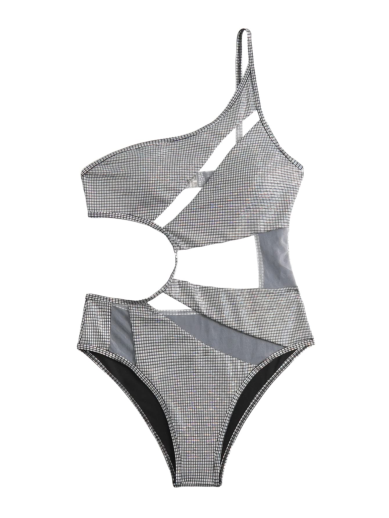 WDIRARA Women's One Piece Cut Out Swimsuit - One Shoulder Glitter Mesh Contrast Bathing Suit for Pool, Beach & Summer Vacation | Sexy Swimwear for Women