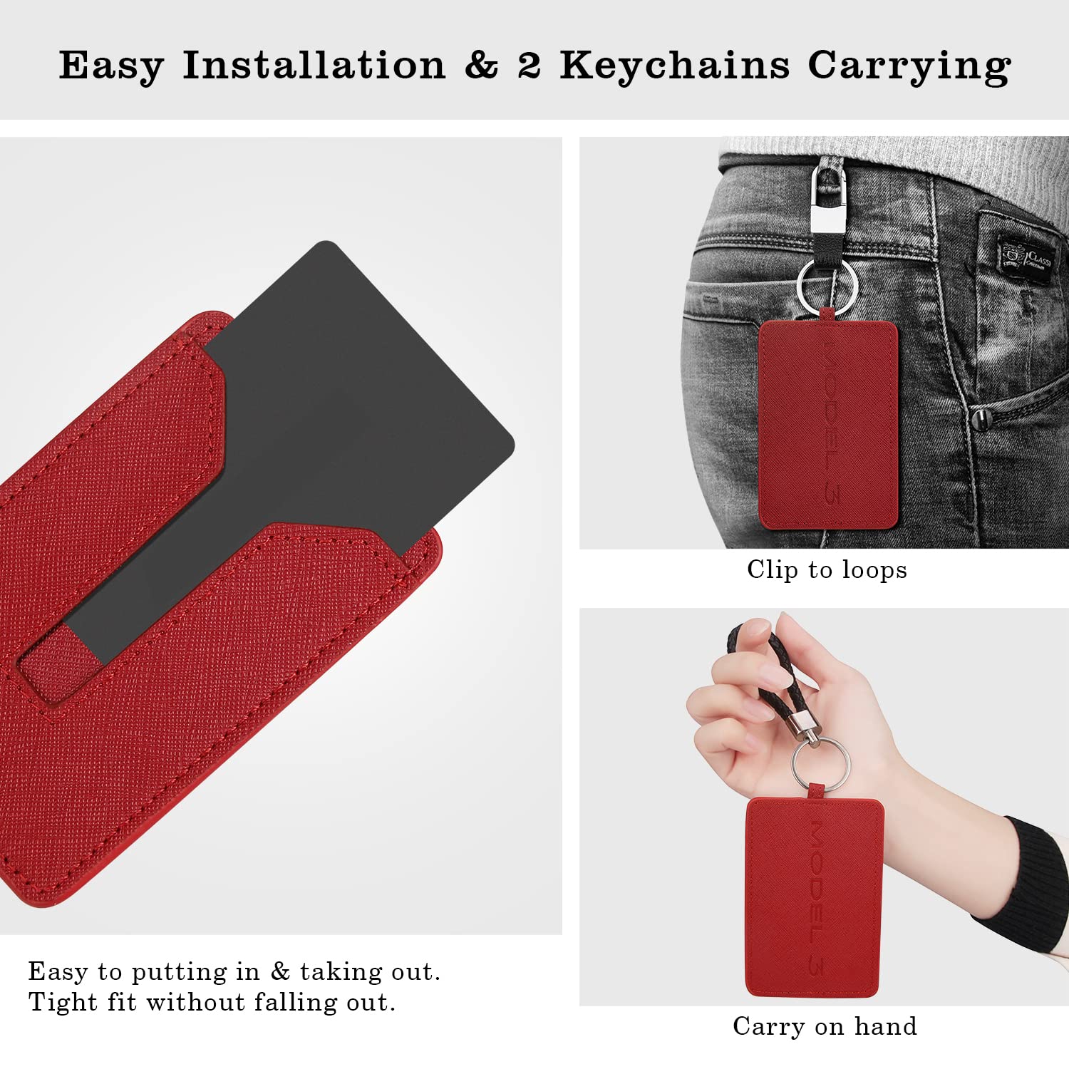 QBUC Premium PU Leather Tesla Key Card Holder Cover Case Protector with Keychain - Compatible with Tesla Model 3 Accessories (Red) - Protect Your Key Card from Scratches & Damage for Daily Use & Travel