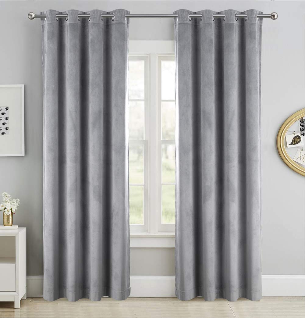 SINGINGLORY 84 Inch Gray Velvet Blackout Curtains with Grommet Top - 2 Panels Set (52x84 Inches, Grey) for Bedroom & Living Room - Thermal Insulated Noise Reducing Window Drapes for Home Theater & Nursery