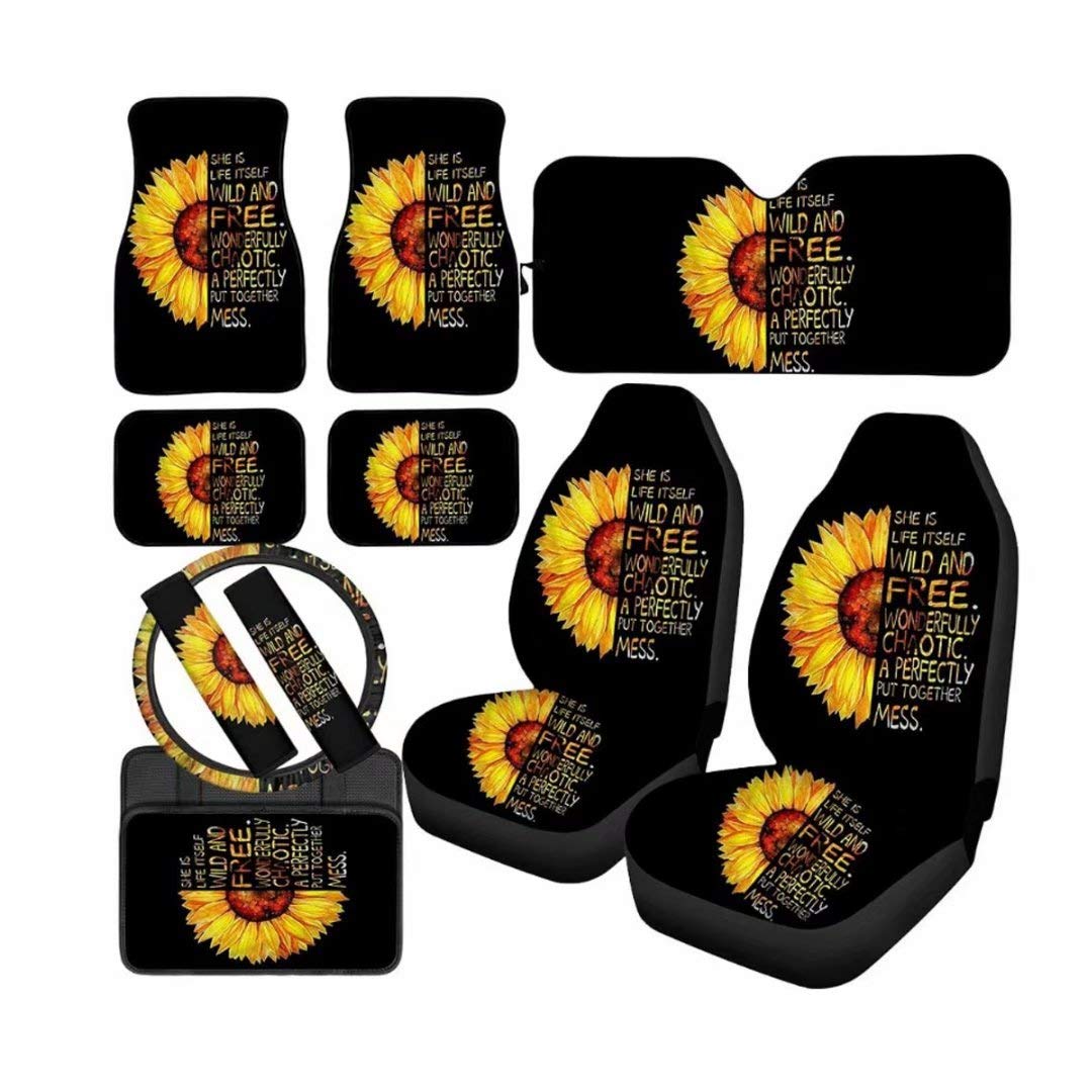 Dellukee 11-Piece Car Interior Accessories Set - Front Seat Covers, Belt Pads, Center Console Cover, Car Mats, Windshield Sunshade & Steering Wheel Cover with Sunflower Print - Universal Fit for Sedan, SUV, Truck - Perfect for Road Trips, Daily Commute & Car Protection