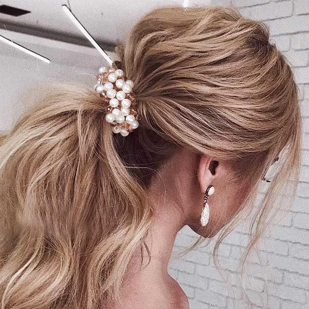 BARTOSI Pearl Hair Ties - Elegant White Beaded Ponytail Holders with Rhinestones | Soft Elastic Hair Scrunchies for Women & Girls (3-Pack) | Perfect for Weddings, Parties & Everyday Hairstyles