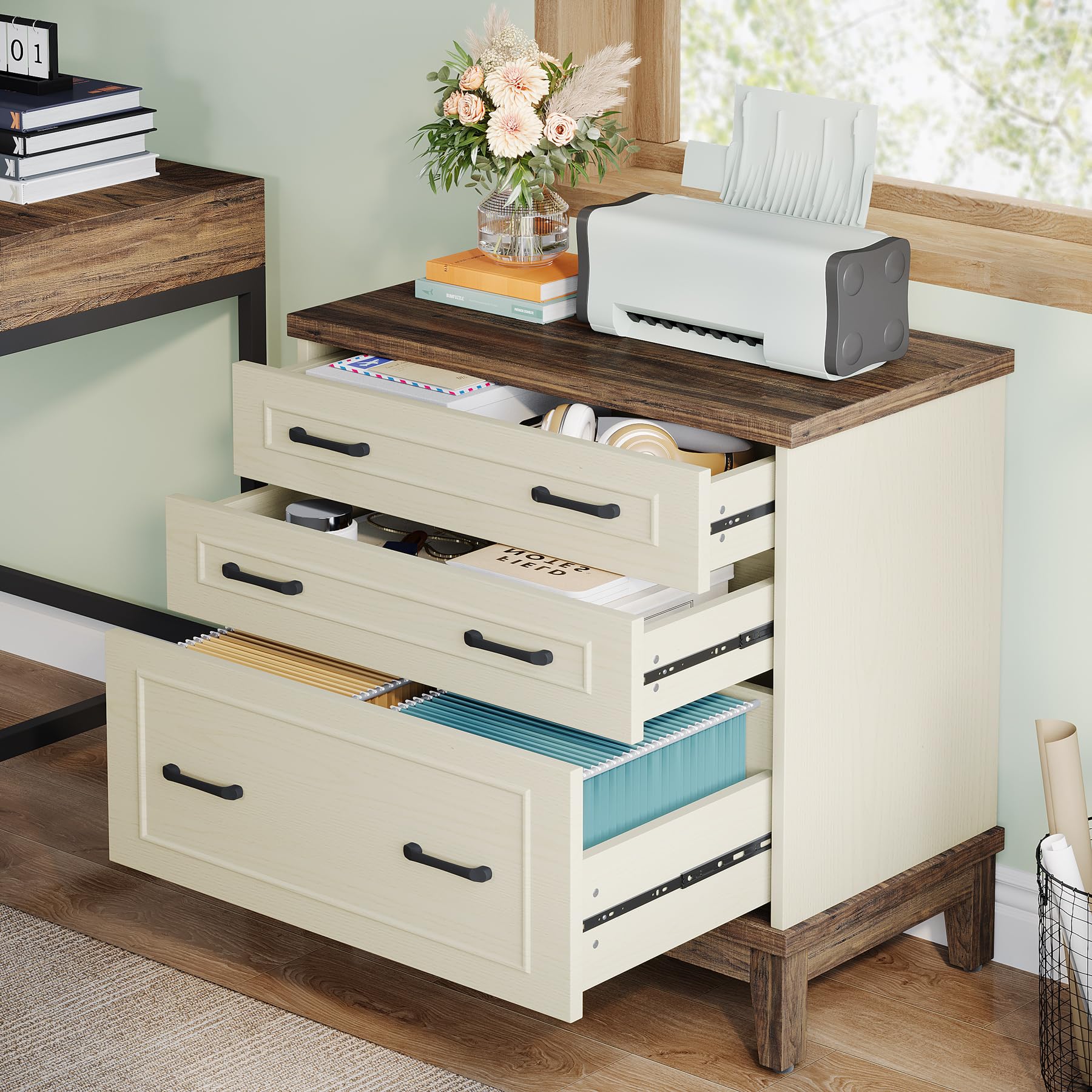 Tribesigns 3-Drawer Lateral File Cabinet for A4/Letter/Legal Size Documents - Wooden Office Storage Cabinet & Printer Stand in White/Walnut - Perfect for Home Office, Living Room & Workspace Organization