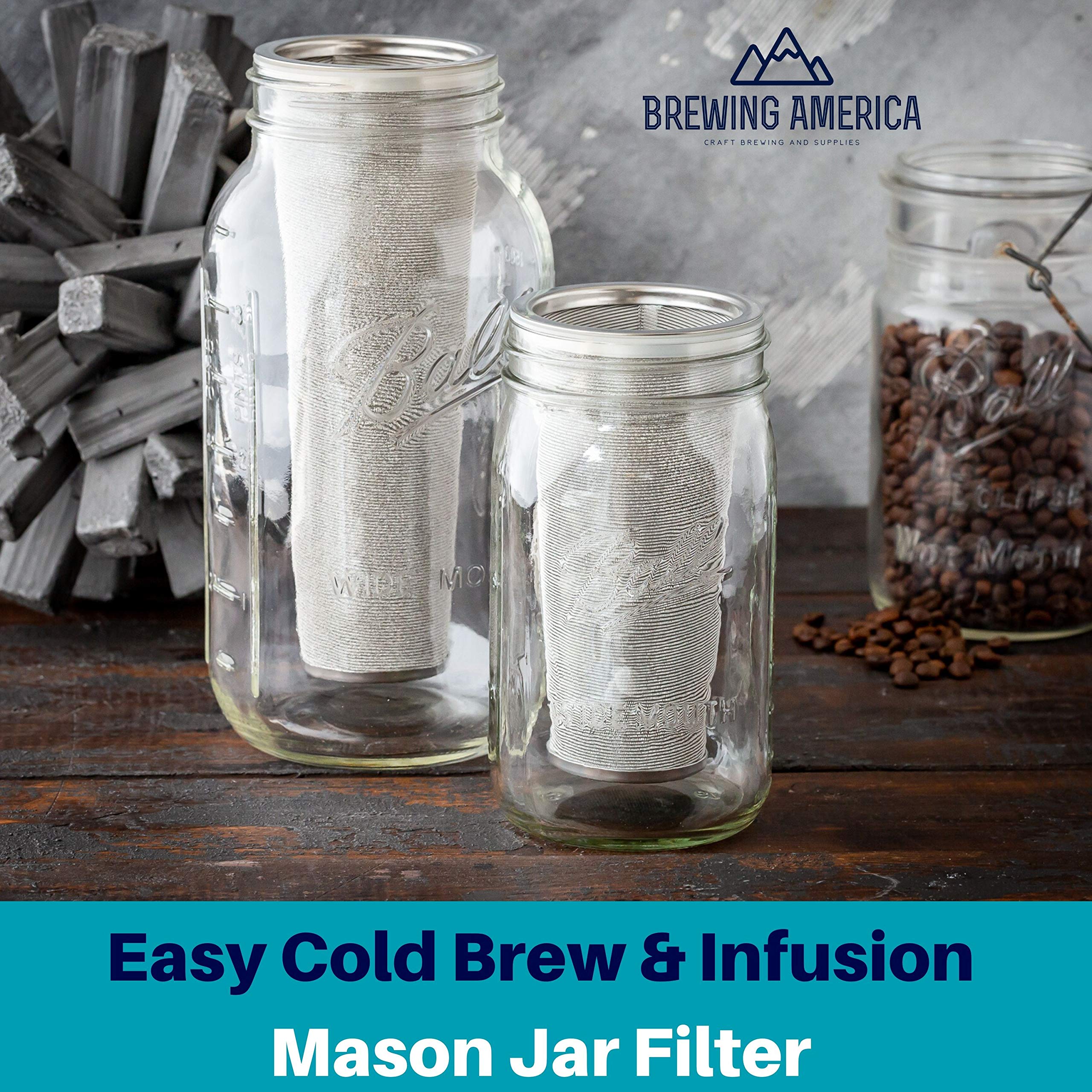 Premium Cold Brew Coffee Filter for Mason Jars - UPGRADED Stainless Steel Mesh with 2 Silicone Seals (32oz/1 Quart Wide Mouth) - Perfect for Iced Coffee, Cold Brew Concentrate & Homemade Tea Infusions