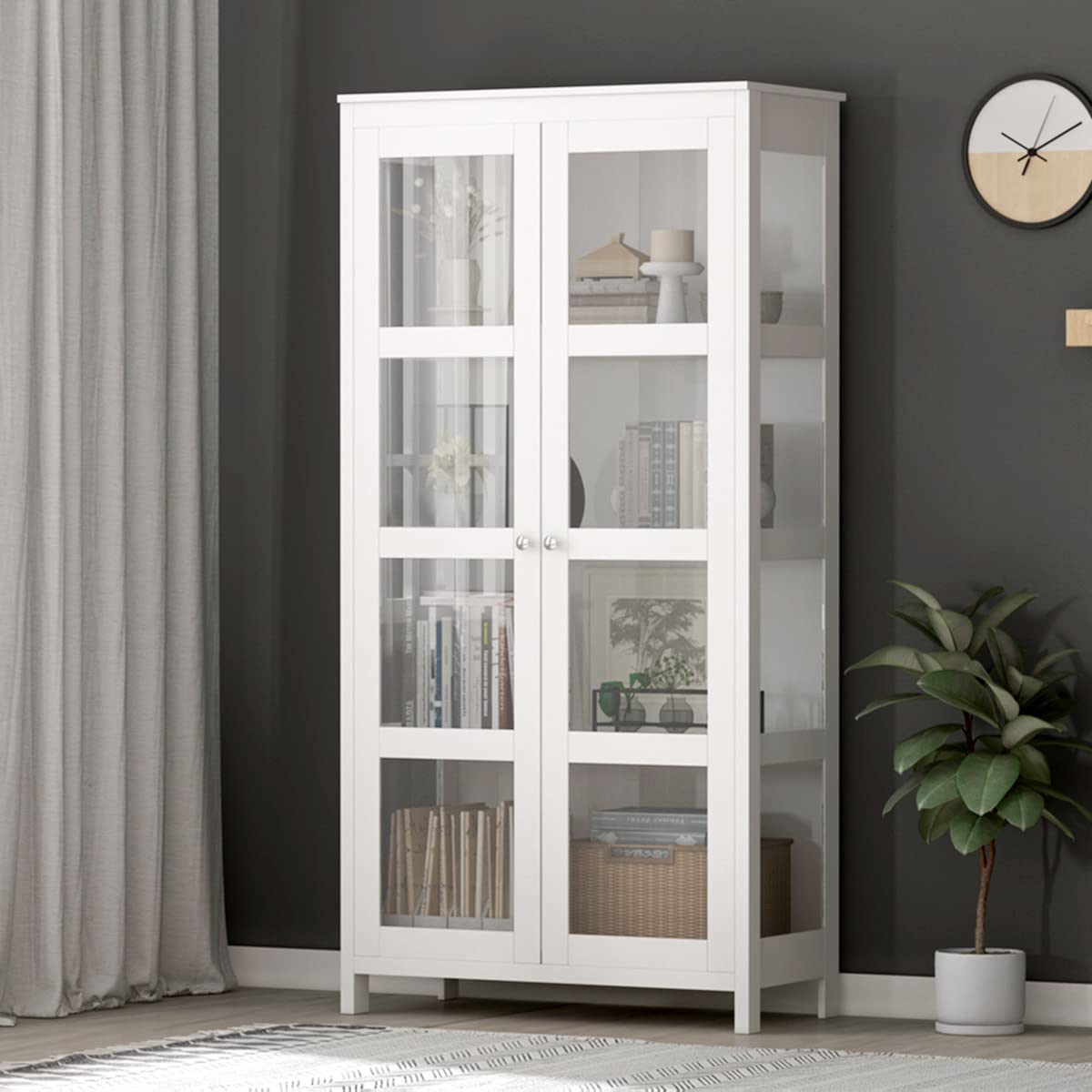 AIEGLE 5-Shelf Tall Bookcase with 2 Acrylic Doors - White Wooden Storage Cabinet for Living Room, Bedroom & Office (35.4