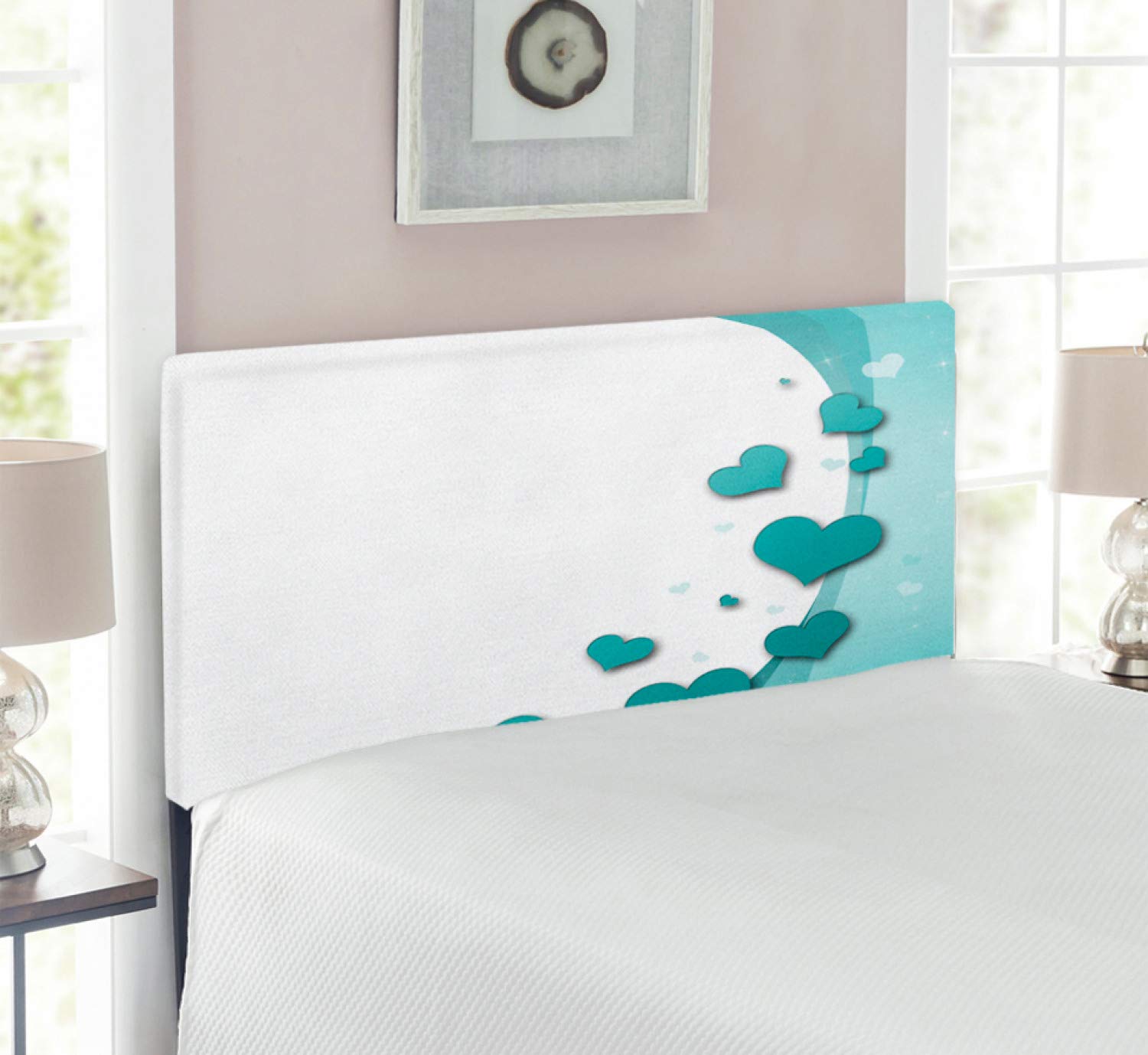 Ambesonne Turquoise Upholstered Headboard with Memory Foam - Twin Size Valentines Day Wedding Theme Bed Headboard in Teal, White & Turquoise | Romantic Bedroom Decor for Couples, Master Bedroom Upgrade