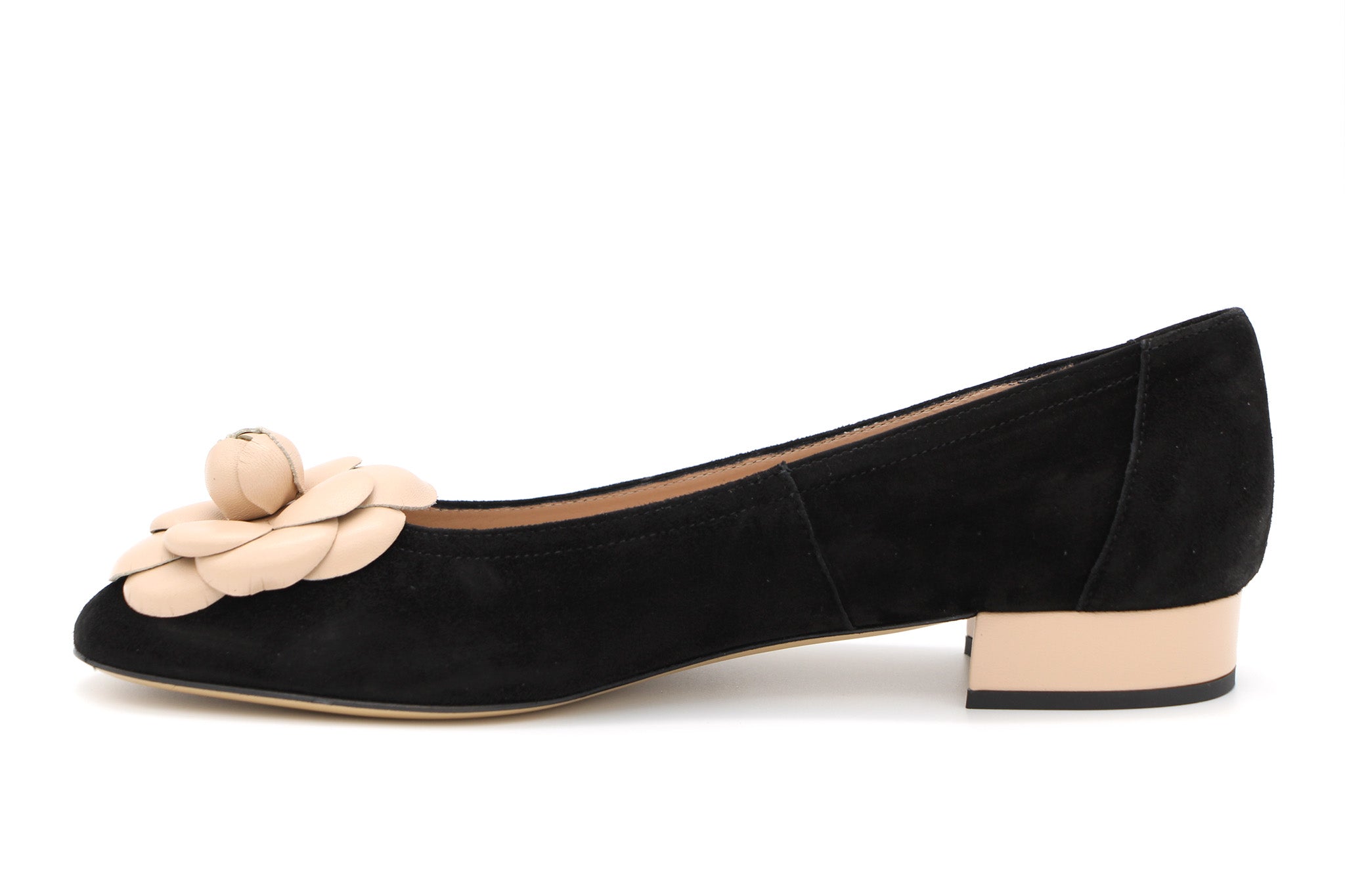 FABUCCI Women's Black Suede Ballet Flats with Contrast Flower Design - Comfortable Slip-On Shoes for Work, Office & Casual Outfits