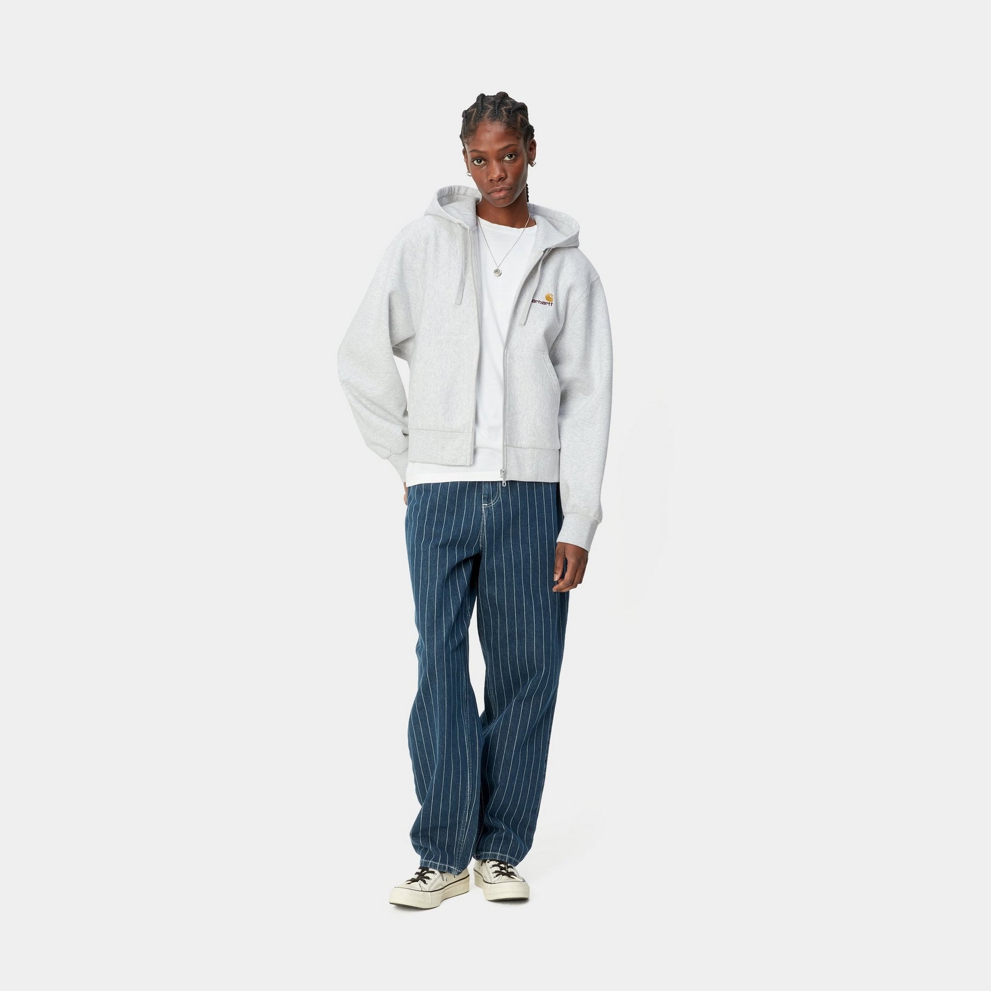 Women's Hooded American Script Jacket - Soft Fleece Pullover with Front Pockets | Ash Heather | Perfect for Casual Outfits, Outdoor Adventures & College Campuses