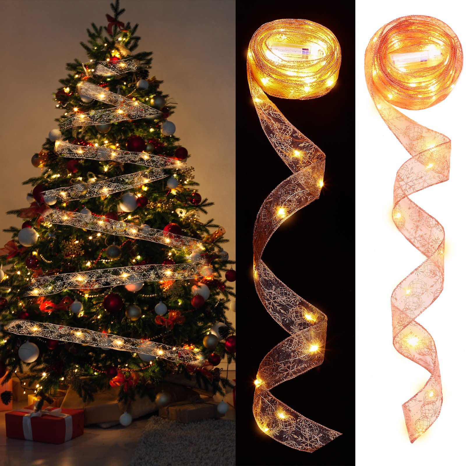 Honoson 2 Pack 32.8ft Rose Gold LED Christmas Ribbon Lights with Snowflake Ornaments - Waterproof Fairy String Lights for Indoor/Outdoor Christmas Tree, Wedding, Garden, and New Year Decorations - Perfect for Holiday Parties, Home Decor, and Festive Celebrations