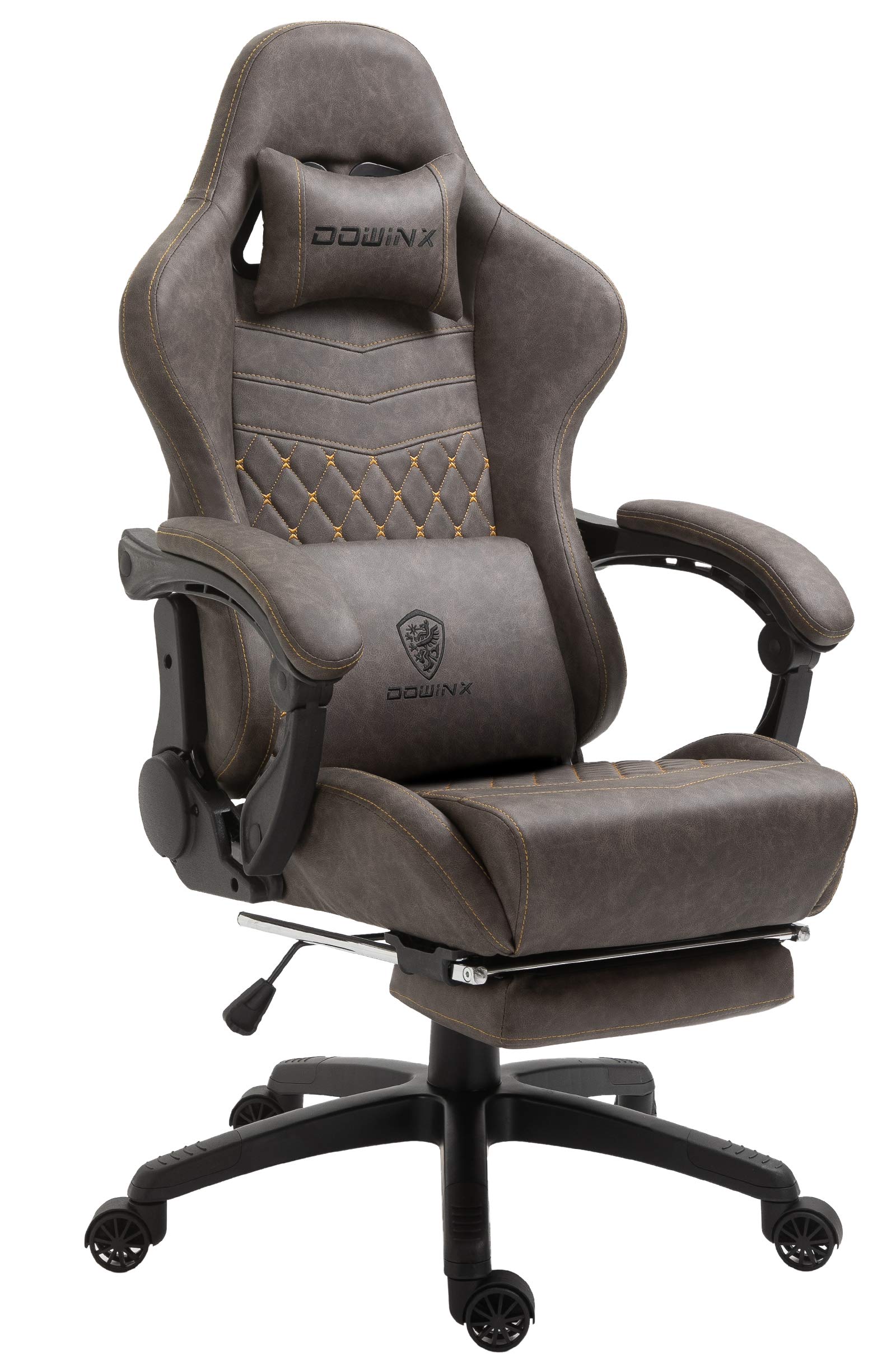 Dowinx Vintage Style Gaming Chair - Ergonomic Office Desk Chair with Massage Lumbar Support & Retractable Footrest, PU Leather High Back Gamer Chair (Brown) - Perfect for Esports, Streaming & Home Office Workspaces