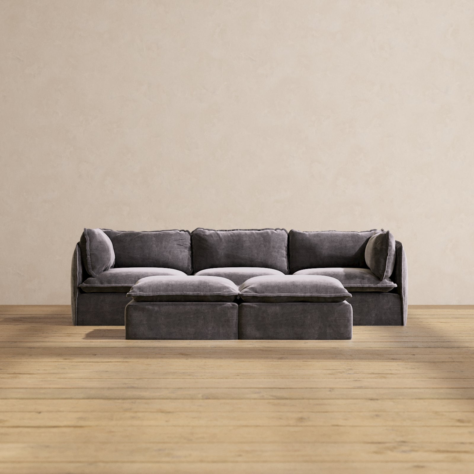 Premium Modular Performance 3-Seater Sofa with Bench Ottoman in Cinder Gray - Deluxe Blend Fabric for Living Room, Lounge & Entertainment Spaces