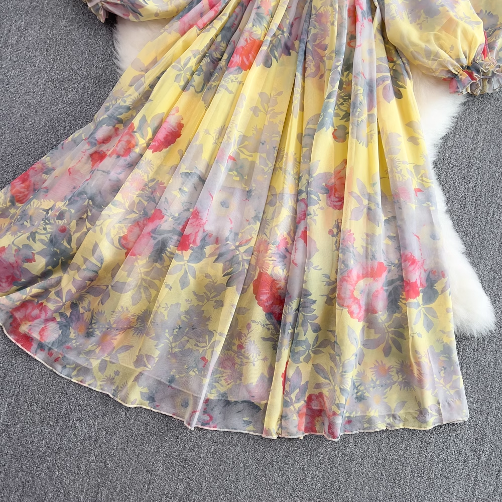 Elegant French Style Deep V Neck Floral Chiffon Maxi Dress with Long Sleeves - Women's Party, Wedding Guest & Special Occasion Evening Gown