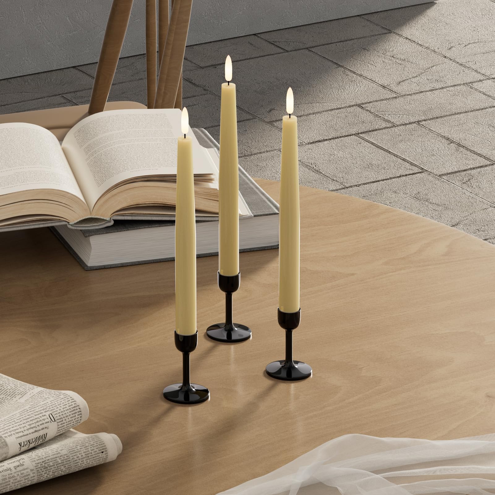 Flameless LED Taper Candles with Remote Timer - Real Wax Battery Operated Candlesticks with 3D Wick - Set of 3 Ivory 9.84
