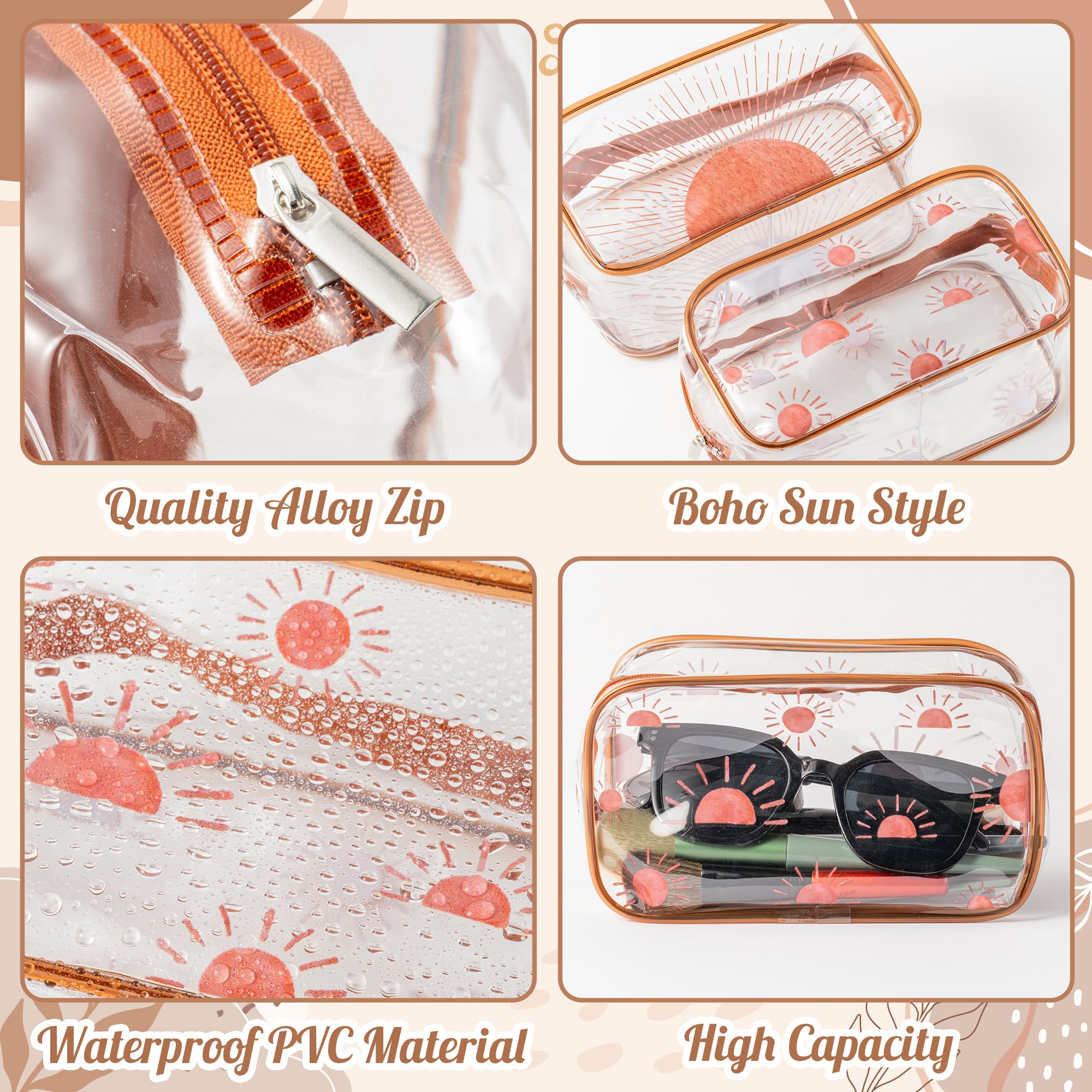Boho Sun Makeup Bag 2-Pack - Clear Transparent Cosmetic Toiletry Pouch with Sunshine Ray Print, Waterproof Plastic Travel Organizer for Women & Girls | Perfect for Beach, Summer Trips & Daily Makeup Storage