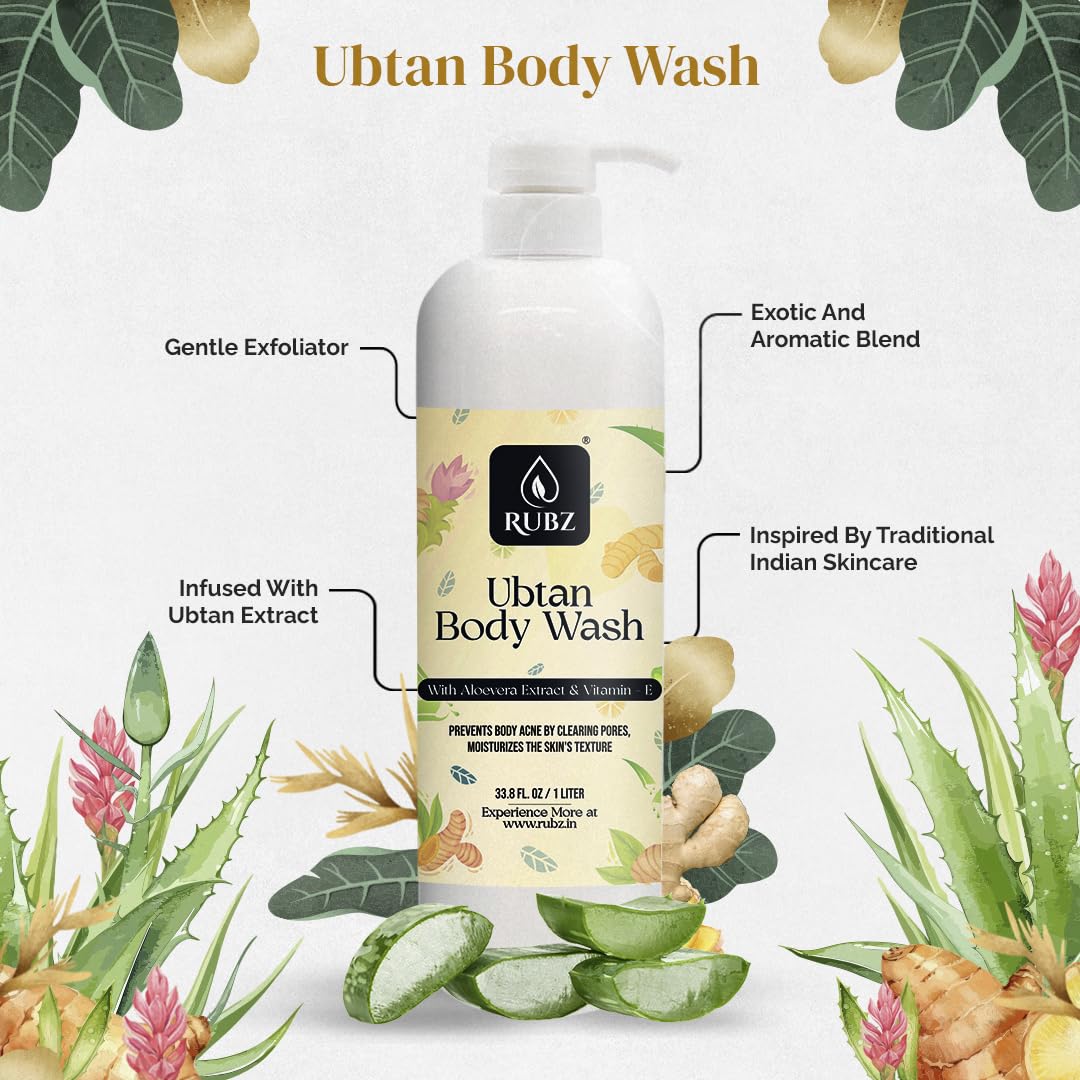 Rubz Ubtan Body Wash - Glycerin & Natural Extracts Enriched, Soap-Free for Women & Men | Paraben & SLS Free | 1L | Perfect for Daily Hydration & Sensitive Skin Care