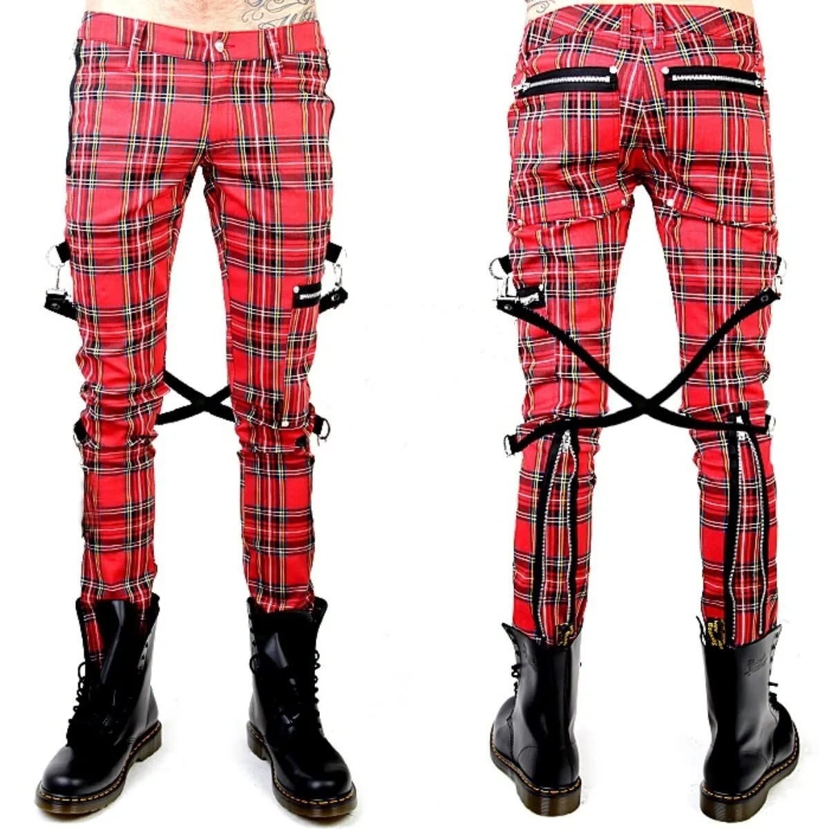 Gothic Bondage Red Plaid Pants for Men - Punk Rebel Rock Emo Trousers | Alternative Fashion for Concerts, Halloween & Gothic Style