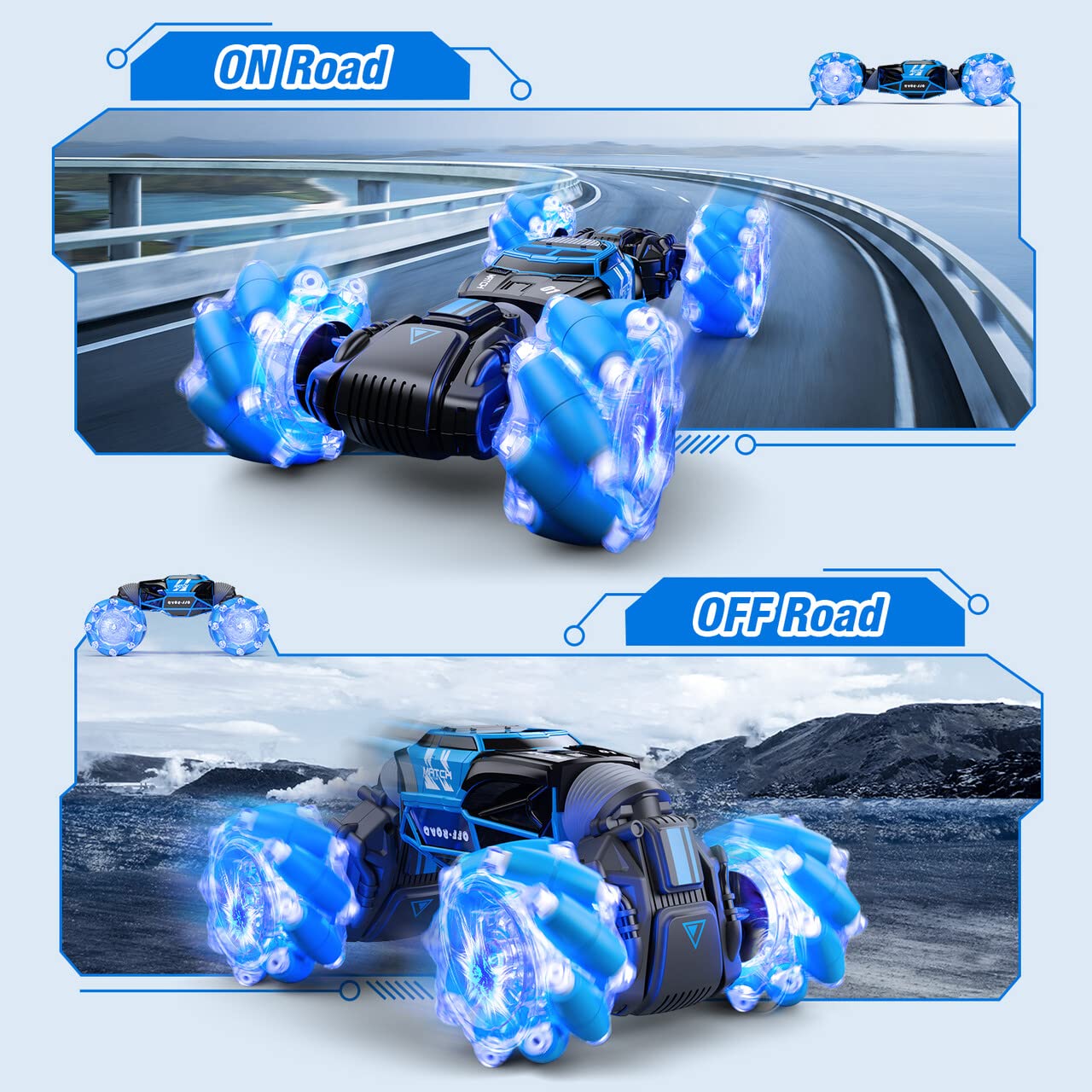 PowerExtra Gesture RC Car - 4WD 2.4GHz Remote Control Stunt Vehicle with Hand Gesture Sensing, 360° Rotation, LED Lights & Music - Best Off-Road Toy Car for Kids Ages 6-12 (Blue) - Perfect for Indoor Play, Backyard Racing & Birthday Gifts