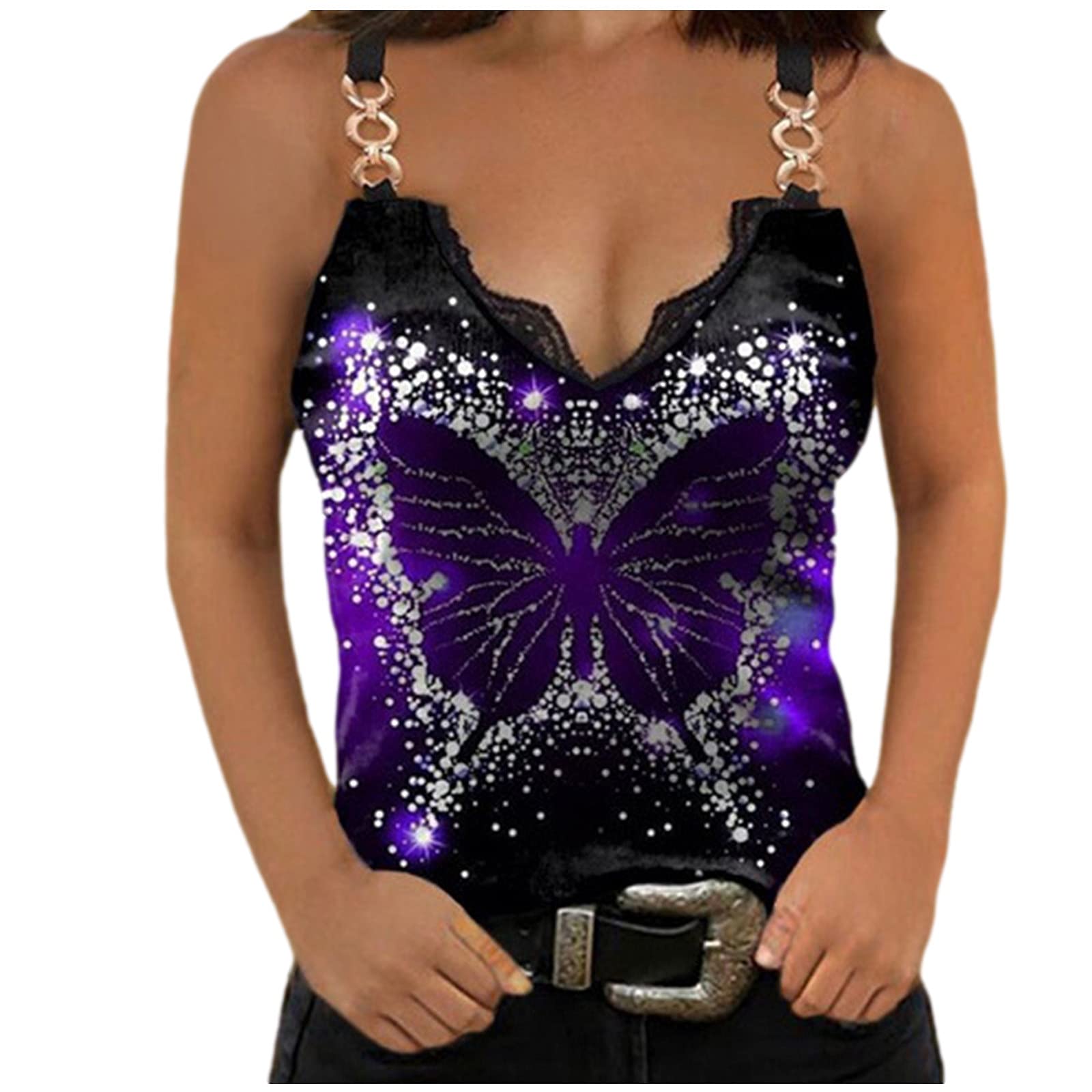 Women's V-Neck Lace Summer Tops - Sleeveless Butterfly Print Blouse & Tee for Casual Wear, Beach Outfits, and Date Nights