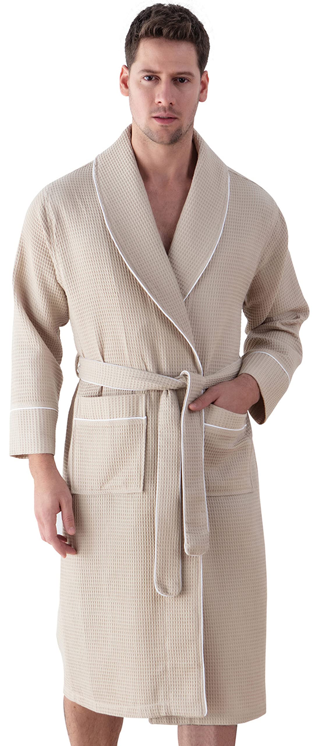 SEYANTE Men's Lightweight Cotton Waffle Weave Robe with Hood - Ultra Soft Full-Length Bathrobe for Spa, Sleepwear & Lounging at Home