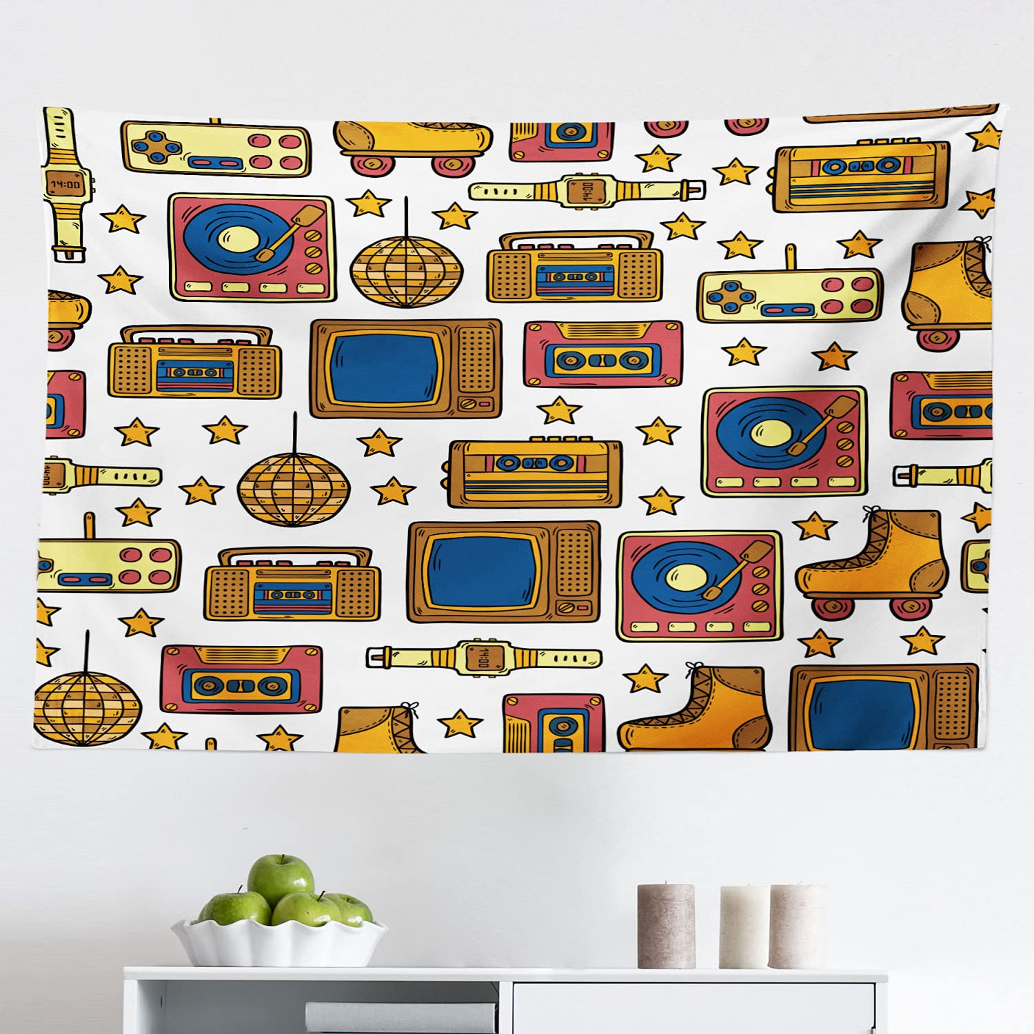 Ambesonne 90s Retro Tapestry Wall Hanging - Vintage Roller Skate Shoes & Dance Pattern, Funky Old School House Decor Fabric Art for Bedroom, Living Room, Dorm, Game Room & Teen Hangout, 45x30 Inch Mustard Yellow