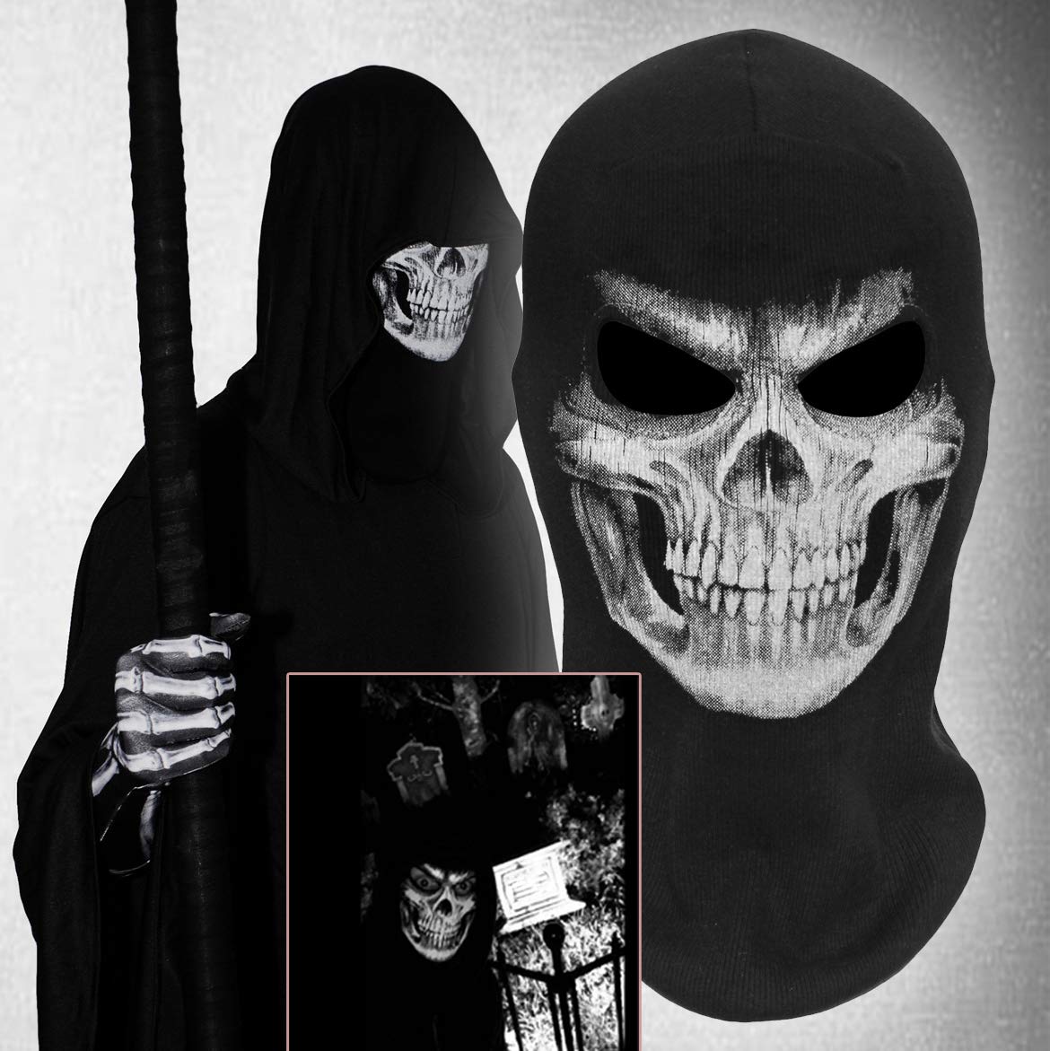 Full Face Skeleton Skull Ghost Halloween Balaclava Mask - Scary Cosplay Costume Accessory for Cycling, Outdoor Activities & Horror Parties (Includes Big Gloves)