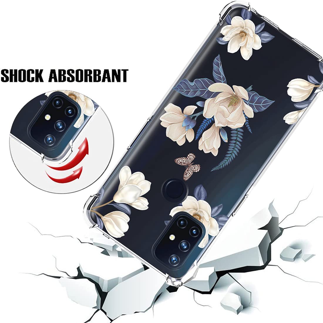 OnePlus Nord N10 5G Case - Slim Clear Shockproof TPU Rubber Protective Cover with Floral Design for Women | Perfect for Everyday Use, Work & Travel (White Flower)