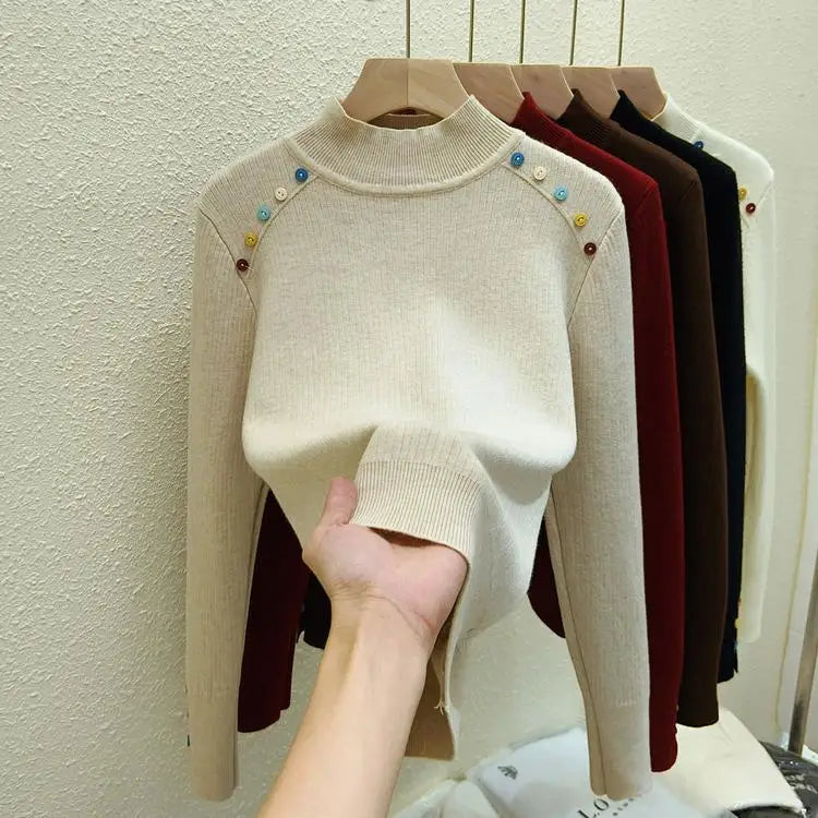 Women's Solid Color Velvet Button Sweater - Korean Fashion Warm Knitwear Long Sleeve Pullover Top for Autumn Winter | Cozy Thick Festival Wear for Holiday Parties & Casual Outings