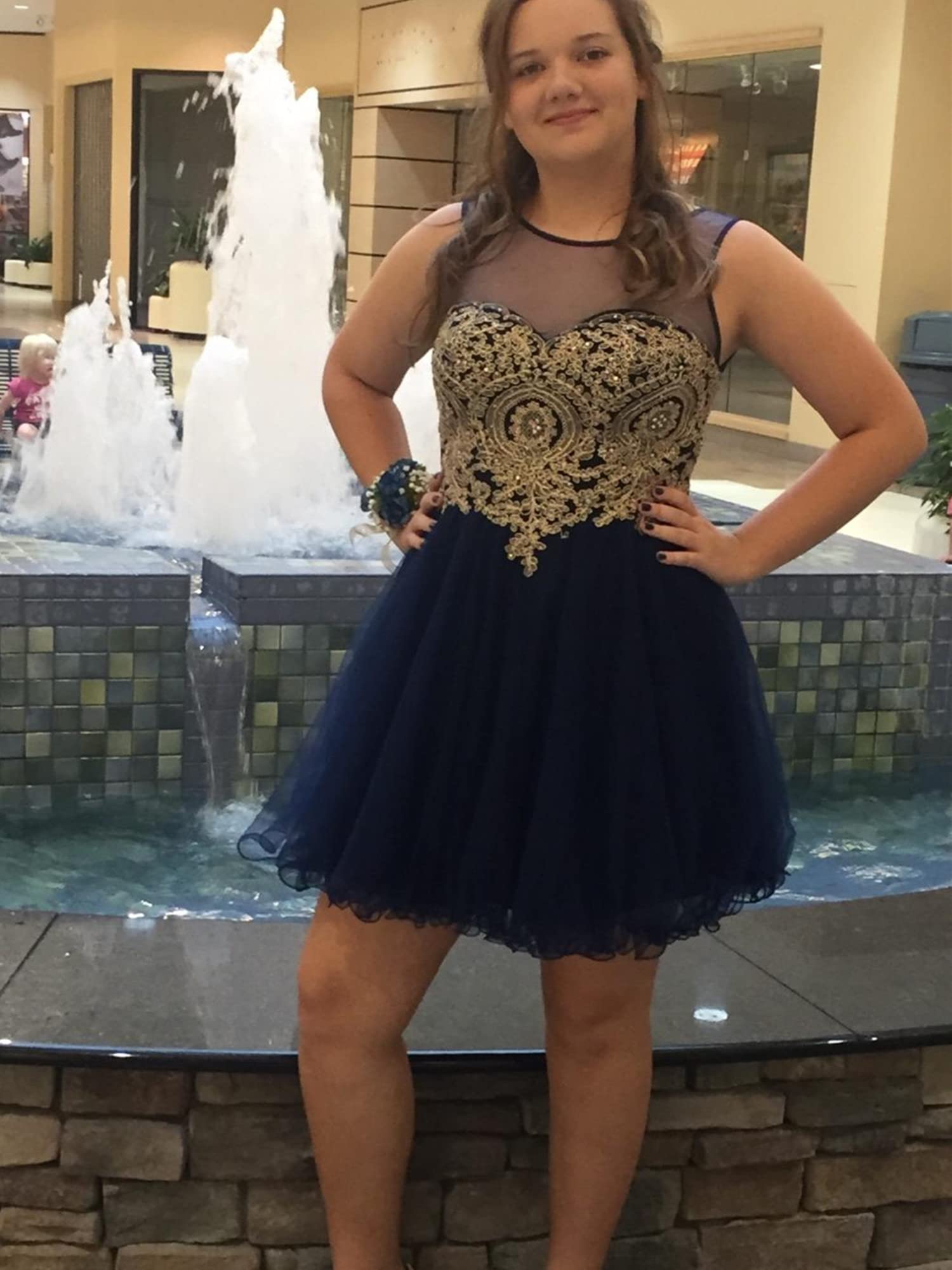 Elegant Navy Blue Quinceanera Prom Dress with Tulle Appliques & Illusion Crystals | Knee-Length Ball Gown for Teen Dances, Sweet 16 Parties & Formal Events | US Size 4