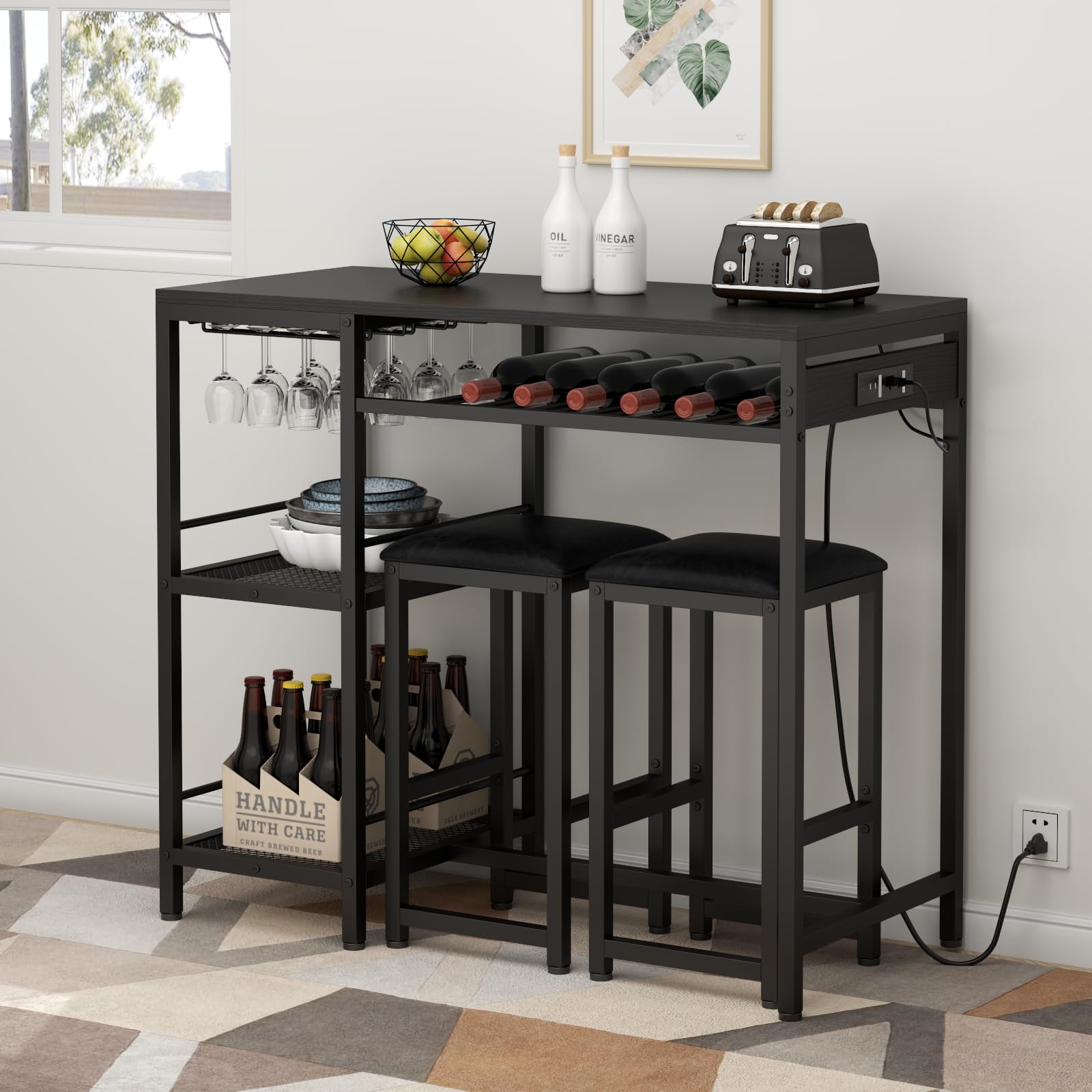Modern Black Bar Table and Chairs Set with Power Outlet, 3-Piece Pub Table Set with 2 Storage Shelves, Wine Rack & Glass Holder - Perfect for Living Room, Dining Room, Small Apartment, and Outdoor Patio