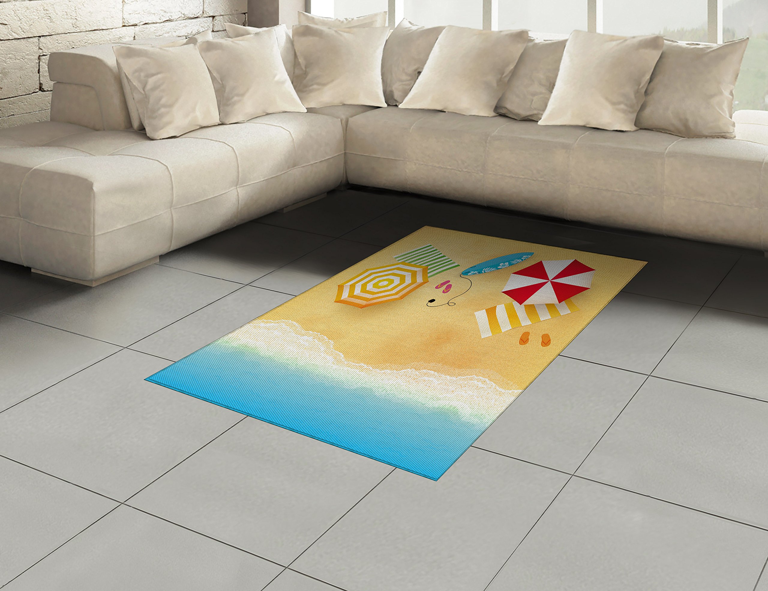 Ambesonne Coastal Beach Area Rug - Ocean Waves with Umbrella, Towels & Surfboard Summer Design | Non-Slip Flat Woven Accent Rug for Living Room, Bedroom, Dining Room | 4' x 5.7' Pale Sand | Perfect for Beach House Decor & Vacation Home Styling