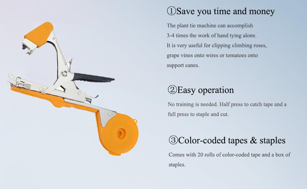 **Plant Tying Machine Set - Vine Tying Tool for Climbing Plants, Tomatoes, Cucumbers & Vining Vegetables - Includes 10,000 Staples & 20 Rolls (Orange) - Perfect for Gardening, Greenhouse & Farm Use**