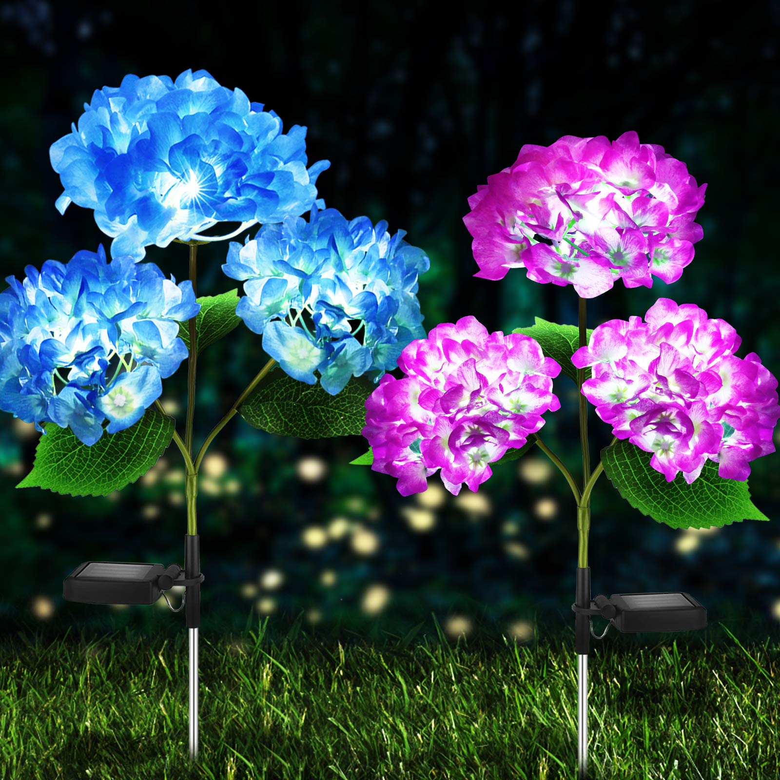 2 Pack Hydrangea Solar Garden Stake Lights - Waterproof Realistic LED Flower Lights for Outdoor Decoration, Perfect for Garden, Lawn, Patio & Backyard (Purple & Blue) | Solar Powered Landscape Lighting for Pathways, Walkways & Flower Beds