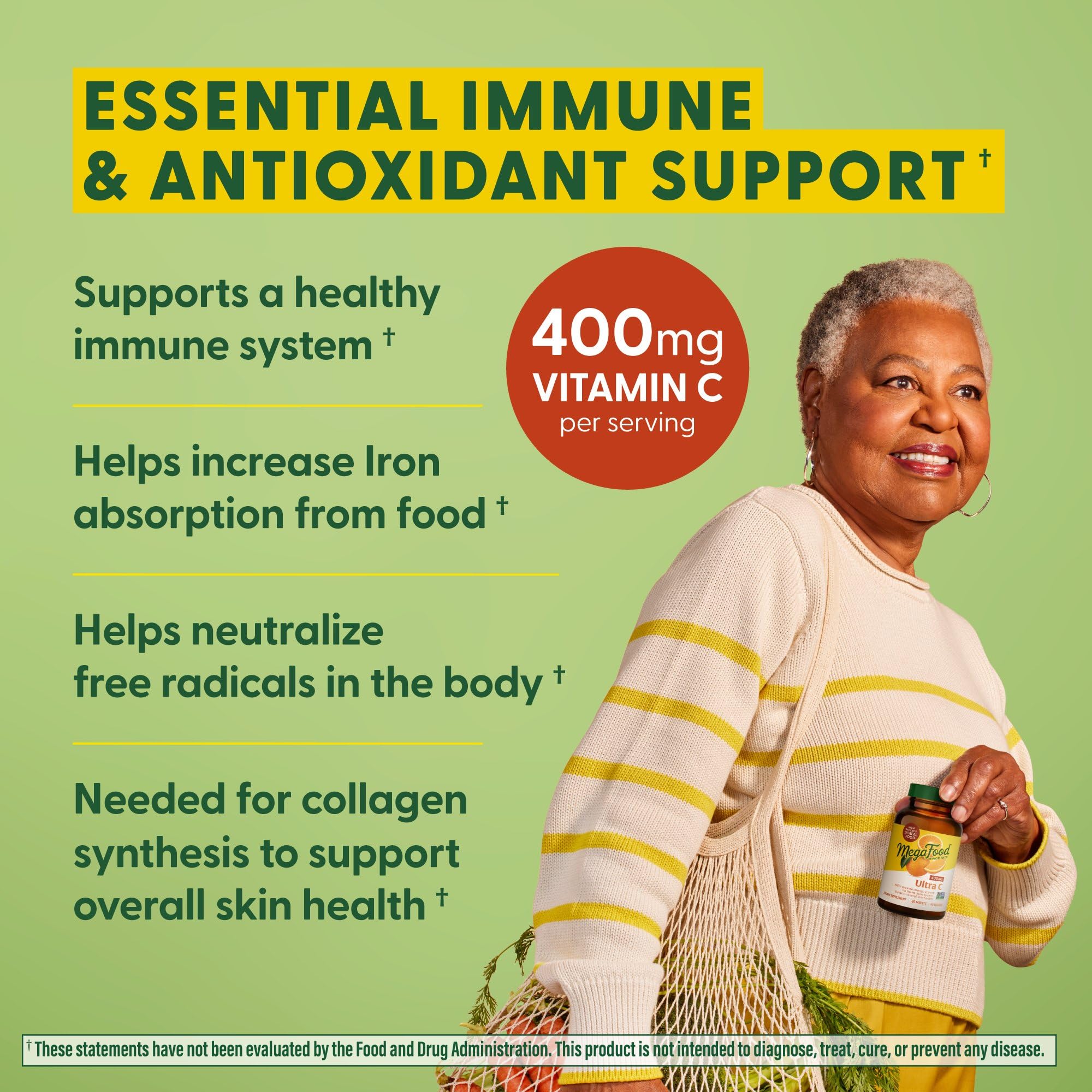 MegaFood Ultra C 400mg Vegan Immune Support Supplement with Vitamin C | Made with Real Food (Broccoli, Carrot, Cranberry, Brown Rice) | Gluten-Free, Kosher | 90 Tablets (90 Servings) | Boost Immunity & Wellness for Adults & Kids | Perfect for Cold Season & Daily Health Support