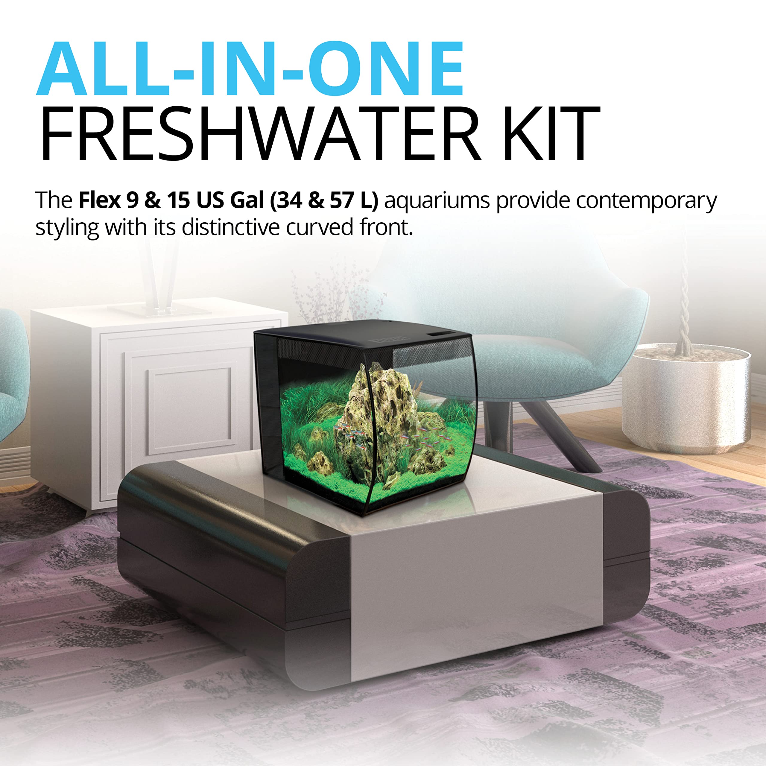 Fluval Flex 9 Gallon Aquarium Kit - 34L Fish Tank with LED Lights & Filtration System for Freshwater Fish & Live Plants (36