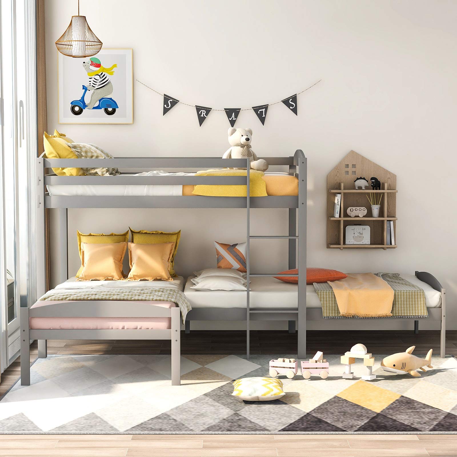 Danxee L-Shaped Triple Bunk Bed with Guardrails & Ladder for Kids & Teens - Space-Saving Kids' Room Solution