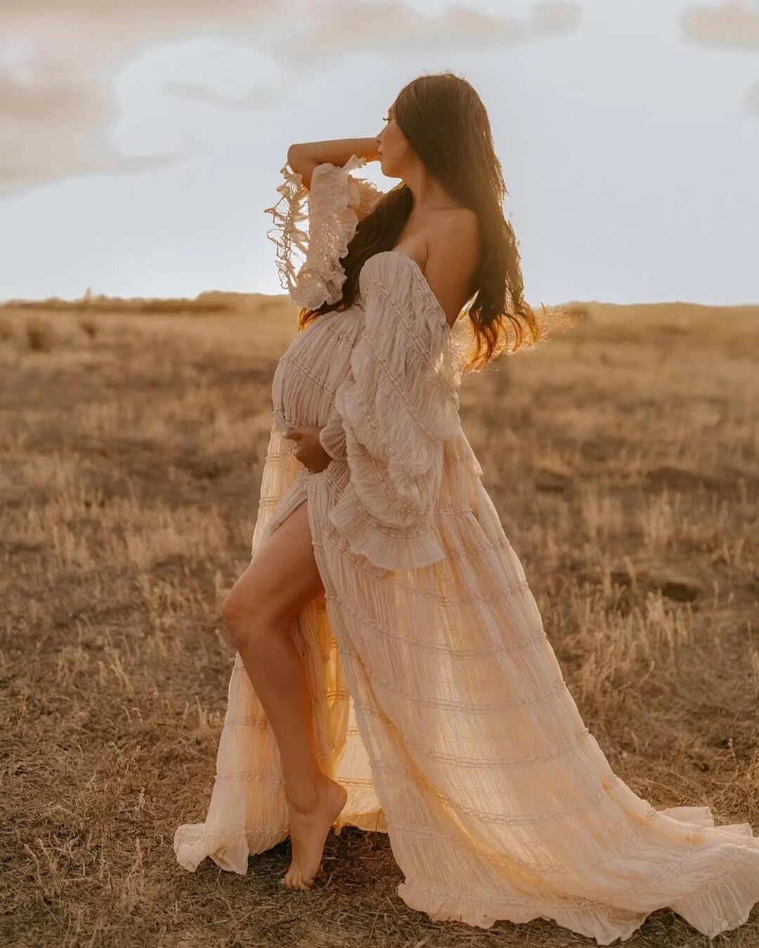 Elegant Tulle Maternity Robe for Photoshoot - V Neck Long Sleeve Pregnancy Gown for Baby Shower, Bridal Lingerie & Maternity Photos - Soft Puffy Ruffle Slit Design for Comfortable Wear During Special Occasions