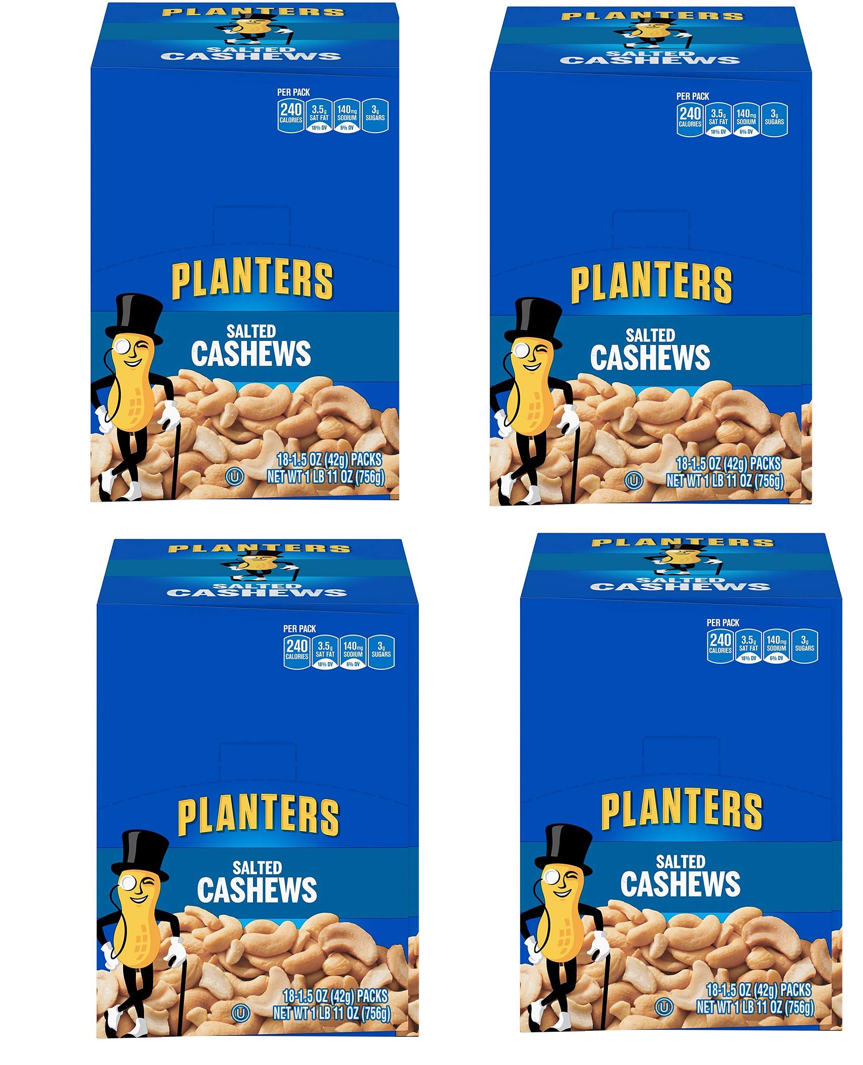 Planters Salted Cashews 1.5oz Single Serve Bags (72 Count) - Healthy Snacks for Office, Travel & On-The-Go