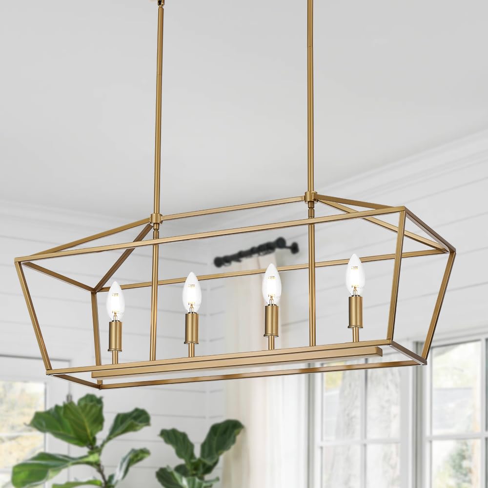 4-Lights Golden Pendant Light Fixtures - Adjustable Height Modern Lantern Linear Chandelier for Dining Room Ceiling Lighting | Perfect Hanging Light Over Kitchen Island, Breakfast Bar or Dining Table