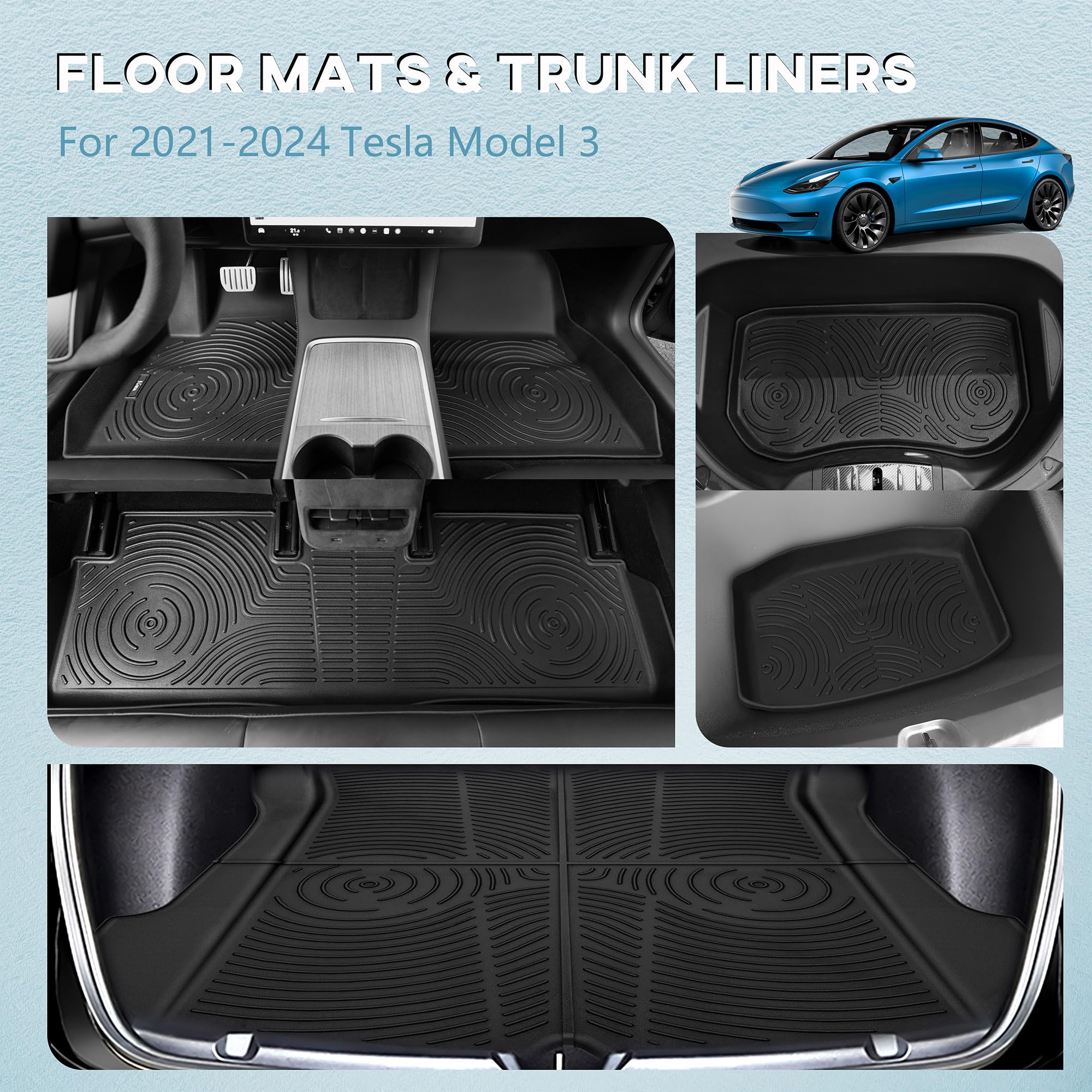 Premium 6PCS All-Weather TPE Floor Mats for Tesla Model 3 (2021-2023) - Front & Rear Seat Covers with Frunk, Sub-Trunk & Cargo Liners - Perfect for Daily Commute, Road Trips & Winter Protection