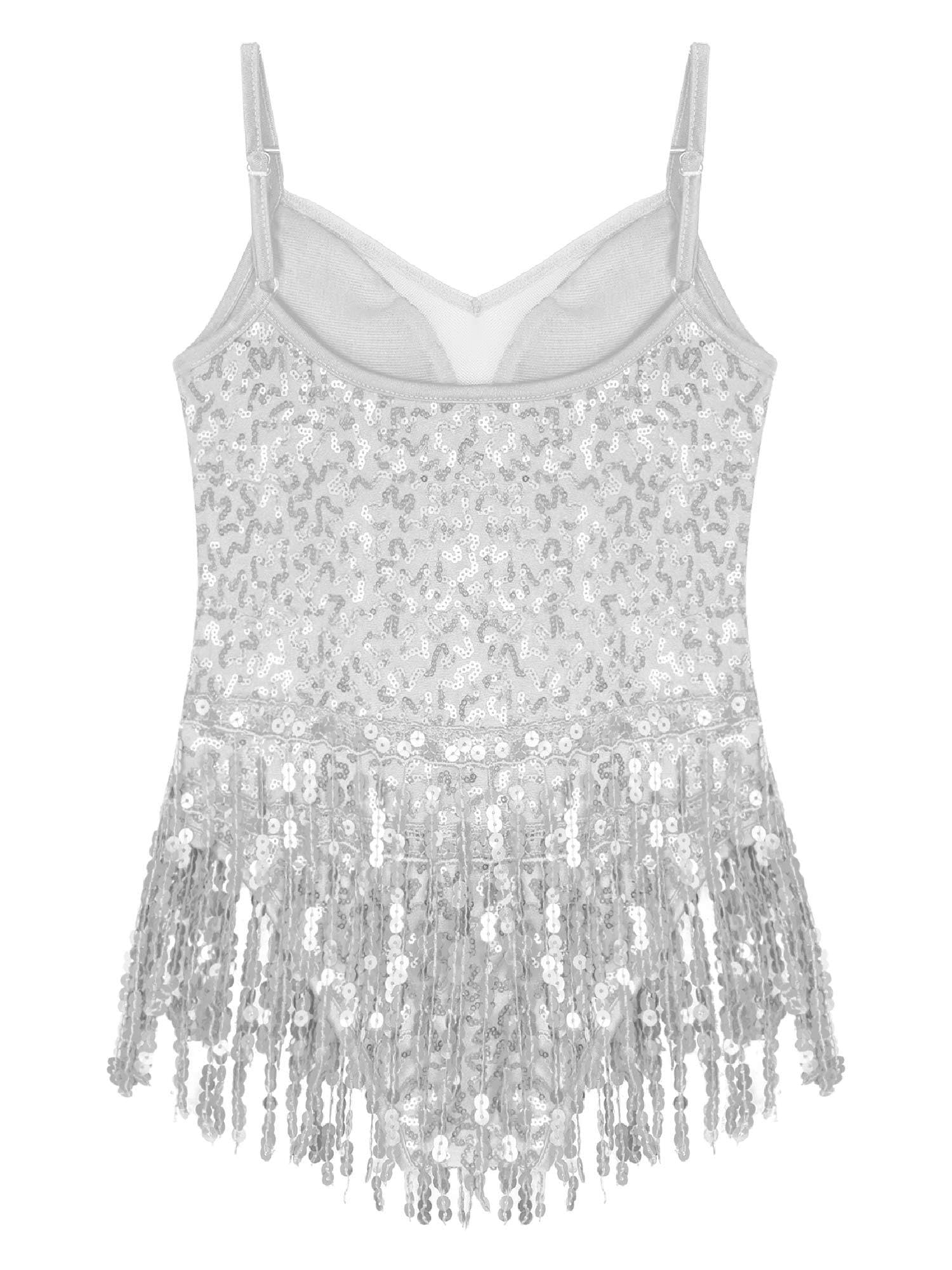 CHICTRY Girls Sequin Tassel Hem Latin Dance Dress - Sparkly Rumba Samba Salsa Jazz Leotard Costume for Kids Performance & Competition