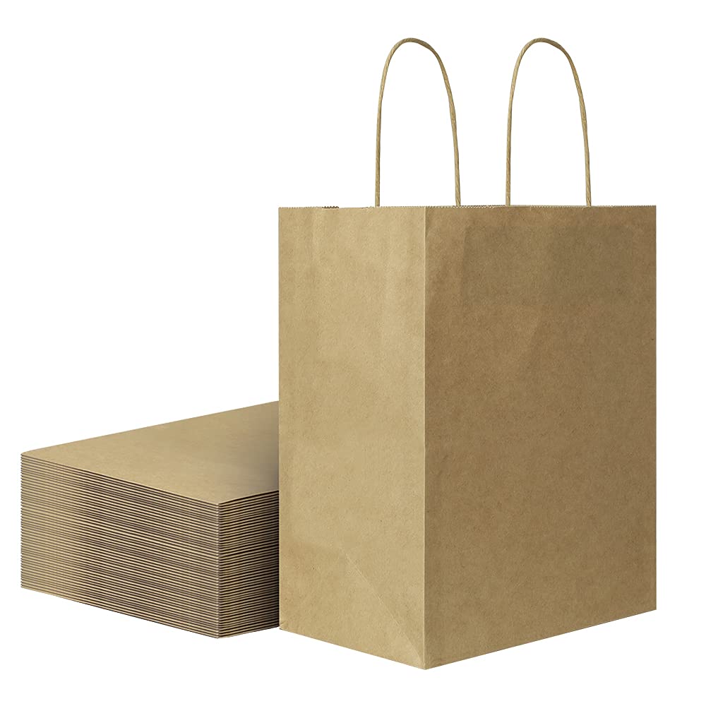 50 Pack Medium Thick Brown Kraft Paper Bags with Handles - 8x4.75x10 Inch Sturdy Shopping Bags for Grocery, Retail, Party Favors & Wedding - Bulk Craft Gift Bags for Eco-Friendly Packaging & Events