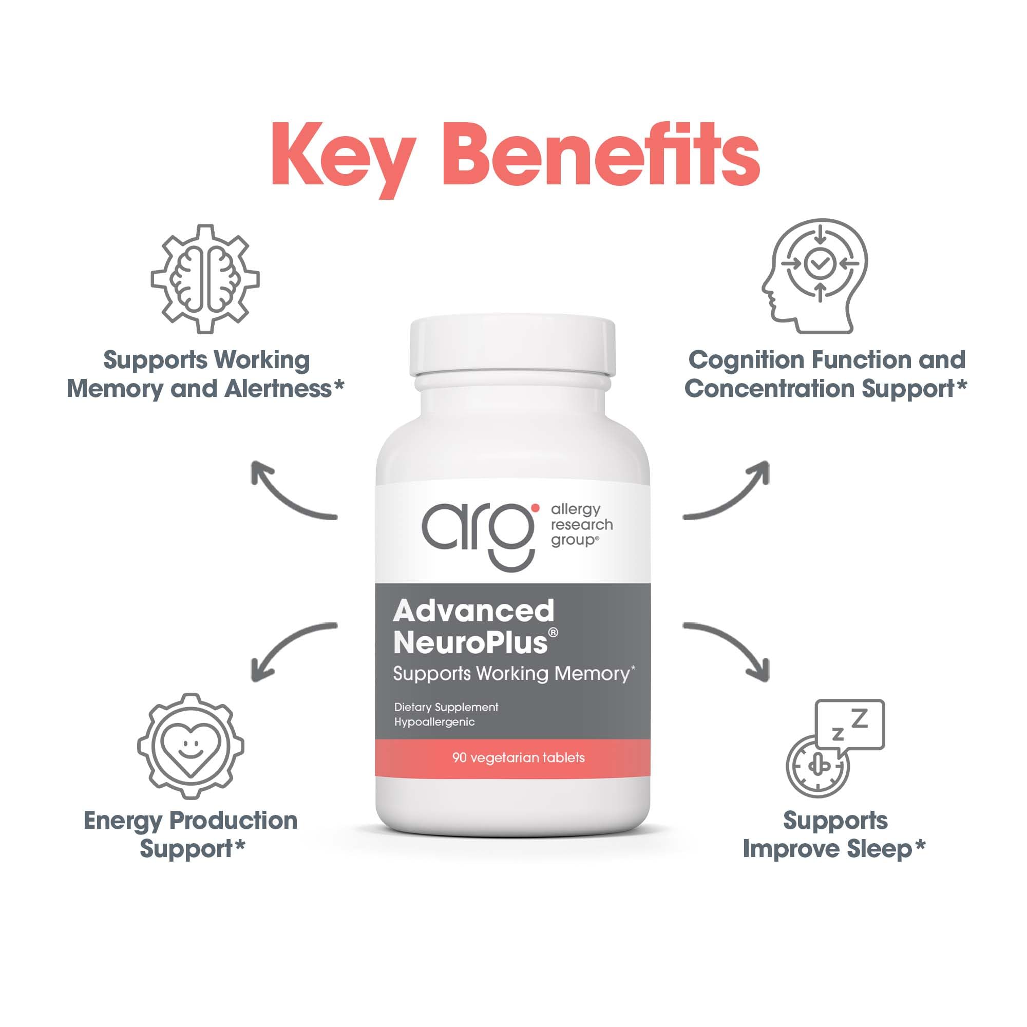 Allergy Research Group Advanced NeuroPlus Supplement - 90 Vegetarian Capsules for Memory & Focus Support, Brain Function Health with Lion's Mane | Cognitive Enhancement for Students, Professionals & Seniors