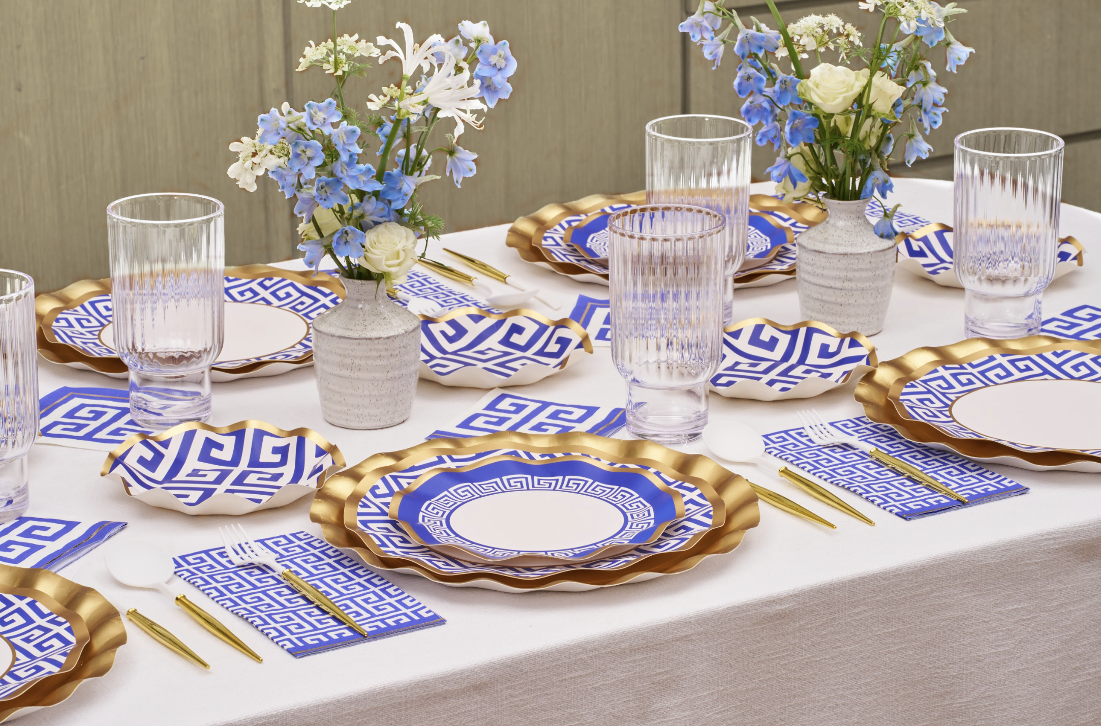 Greek Key Pattern Table Setting - Elegant Dinnerware Set for Formal Dining, Holiday Entertaining & Wedding Decor