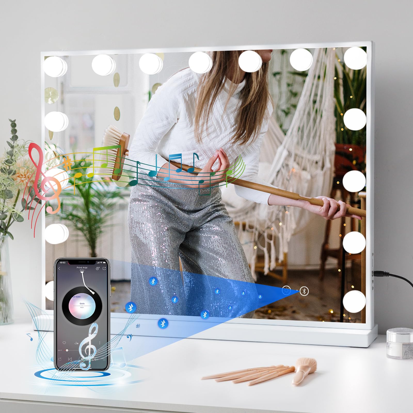 Hollywood Vanity Mirror with Lights & Bluetooth Speaker - 15 LED Bulbs, Smart Touch Control, 10X Magnification & USB Charging - Perfect for Makeup, Skincare & Dressing Room Vanity Setups