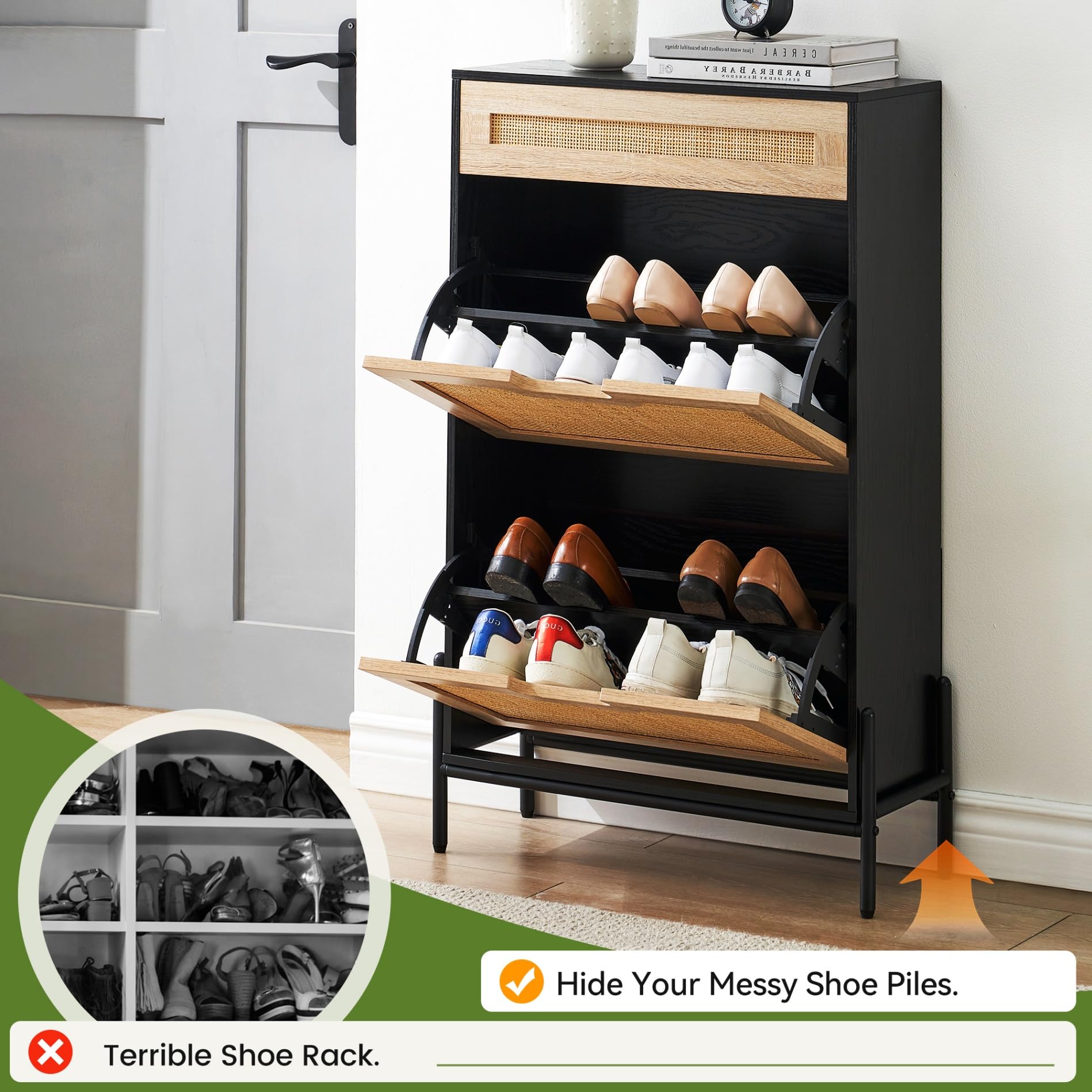 IDEALHOUSE Natural Rattan 2-Door Flip Shoe Cabinet with Drawer - 3-Tier Adjustable Shelf Shoe Storage Organizer for Entryway, Hallway & Closet - Modern Freestanding Shoe Rack for Home & Office Organization
